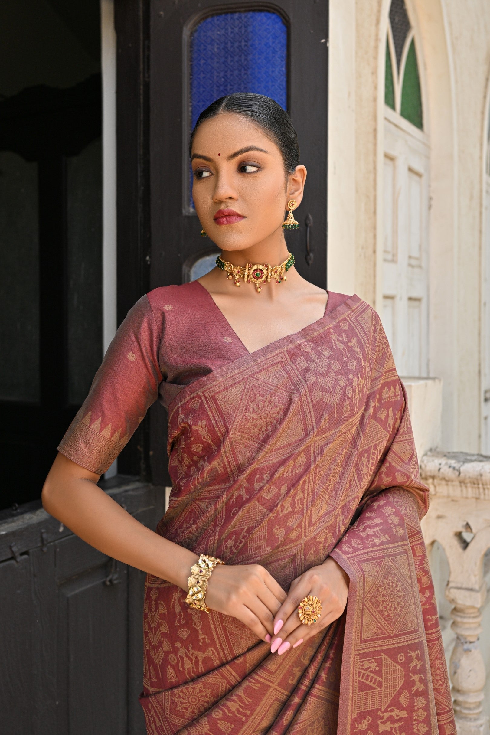 Matrix Brown Woven Kalamkari Raw Silk Saree