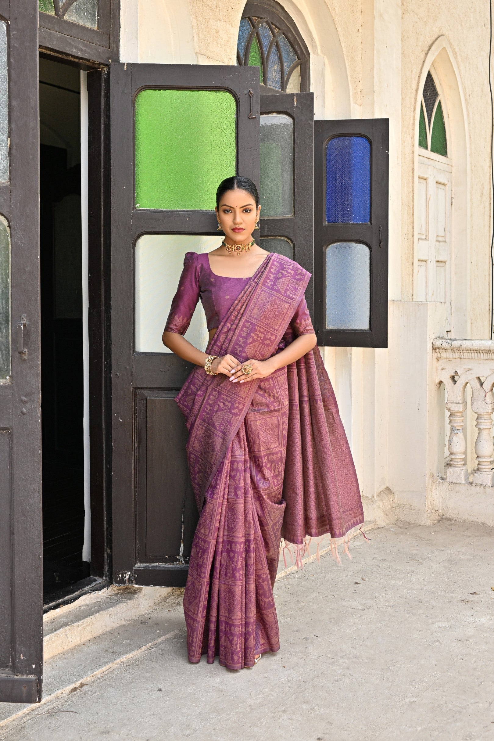 Rose Dust Purple Woven Kalamkari Raw Silk Saree