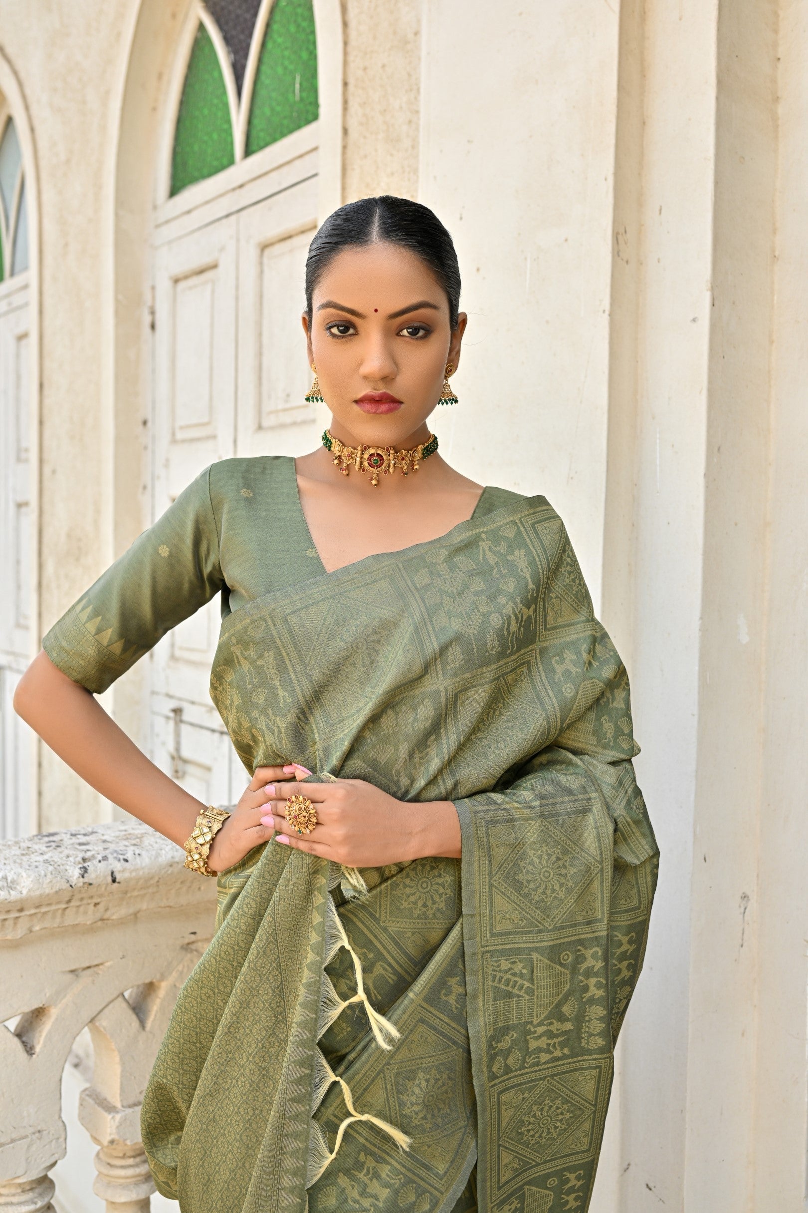 Clay Creek Green Woven Kalamkari Raw Silk Saree