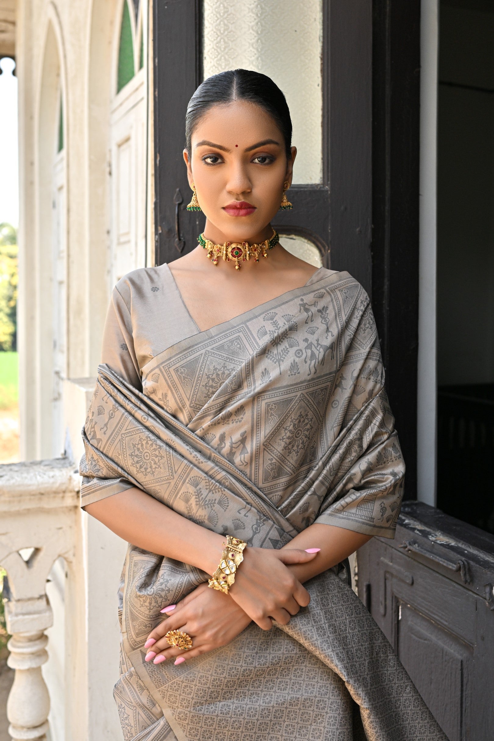 Zorba Grey Woven Kalamkari Raw Silk Saree