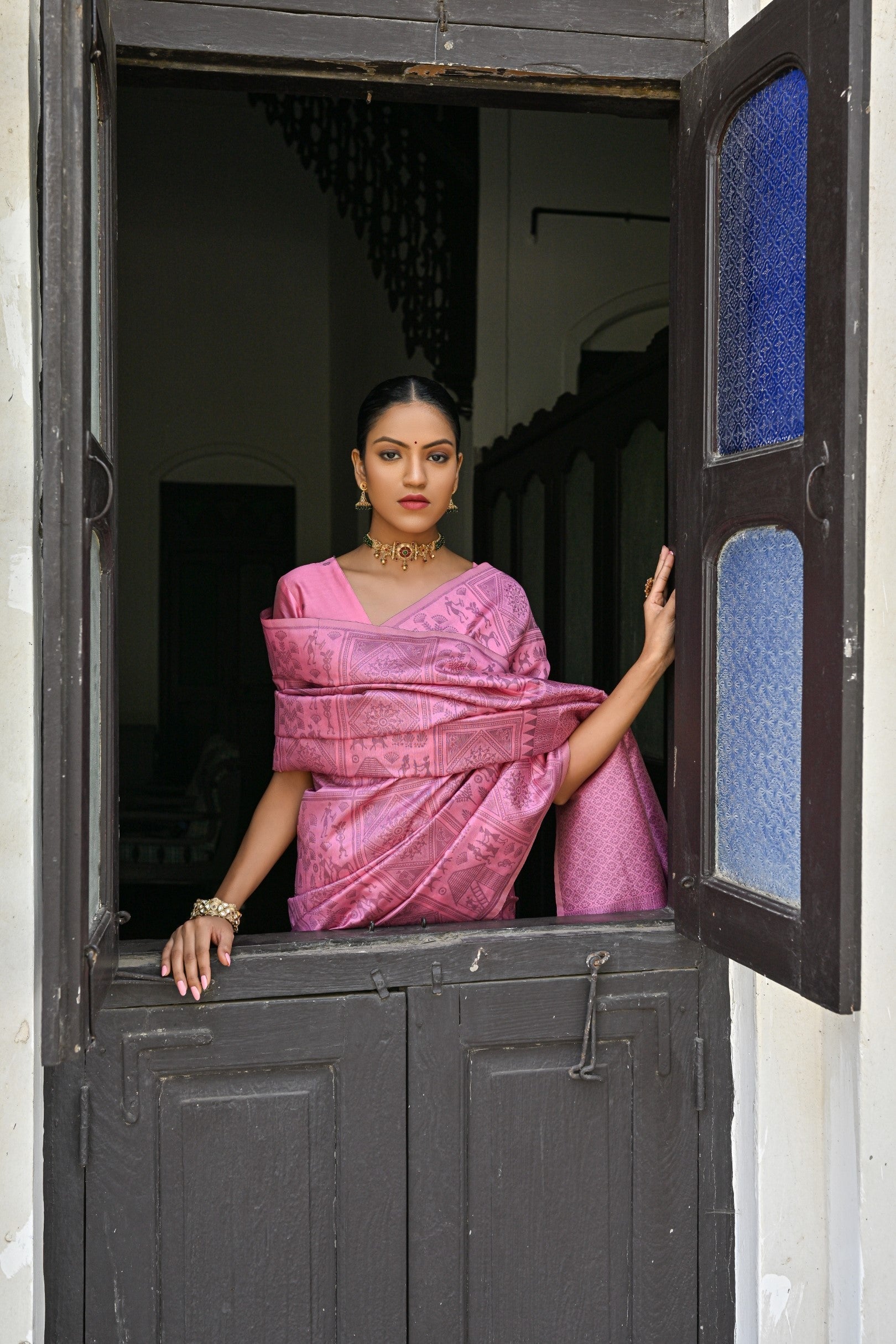 Shimmering Blush Pink Woven Kalamkari Raw Silk Saree