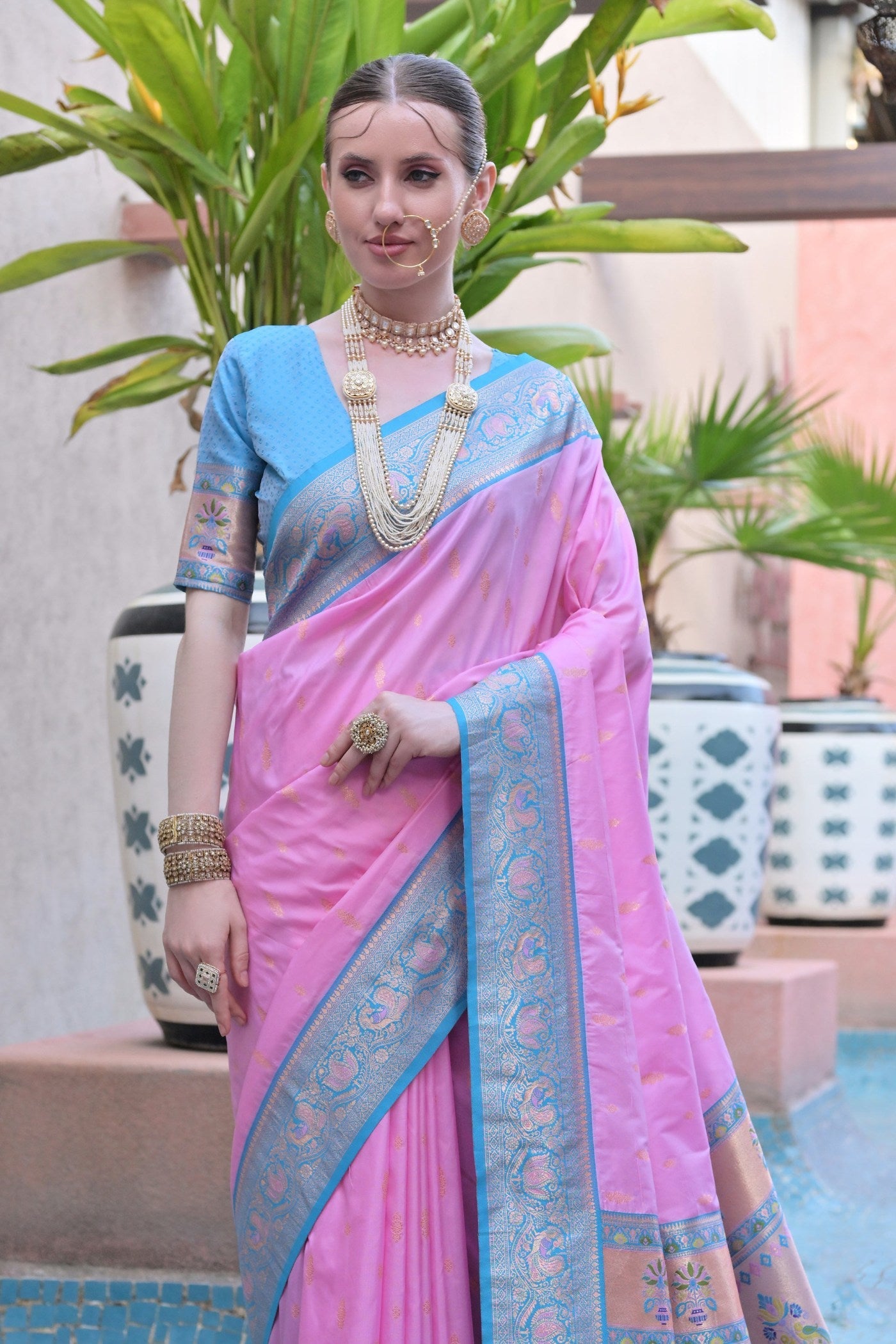 Glowing Lotus Pink Zari Woven Paithani Saree