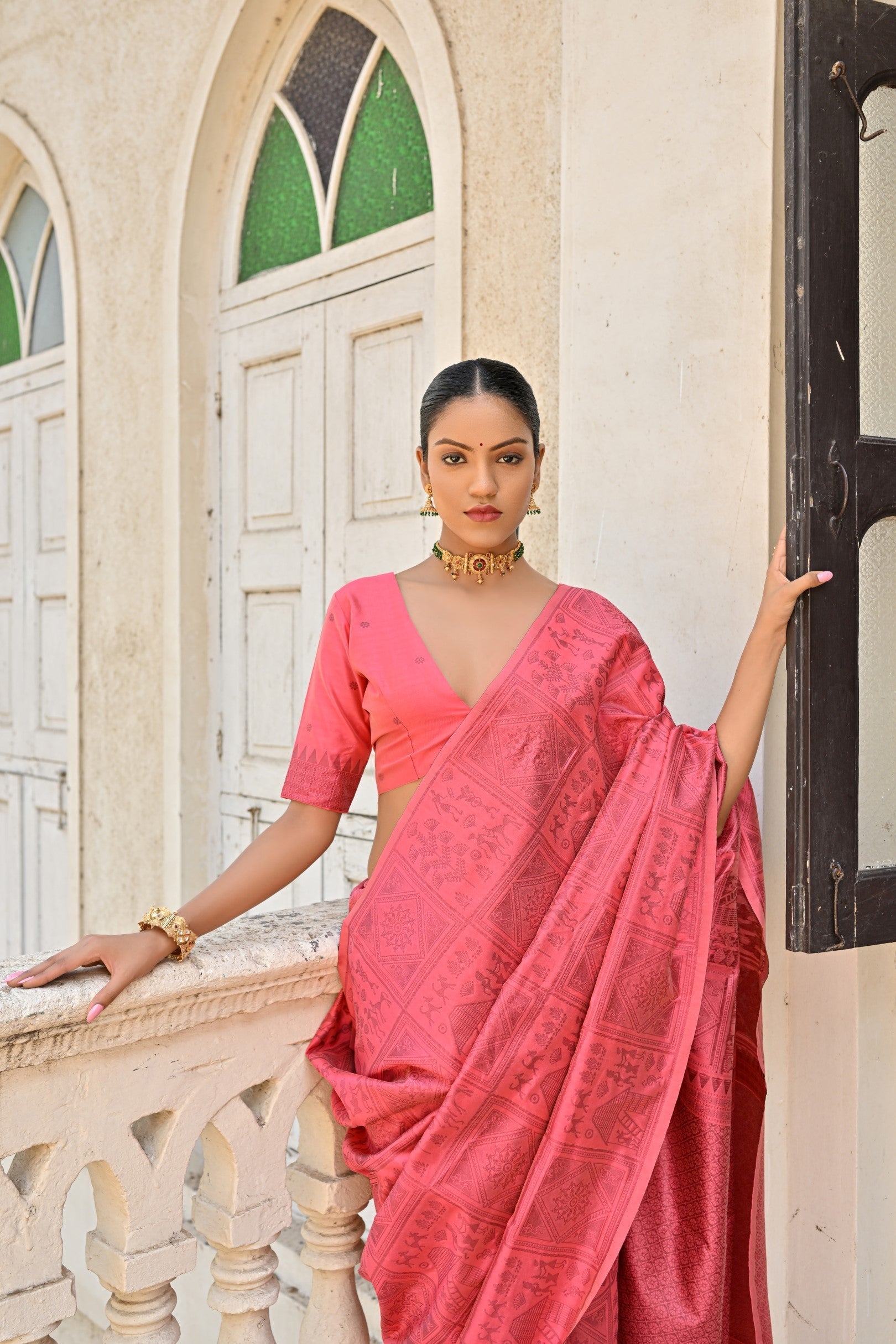 Froly Pink Woven Kalamkari Raw Silk Saree