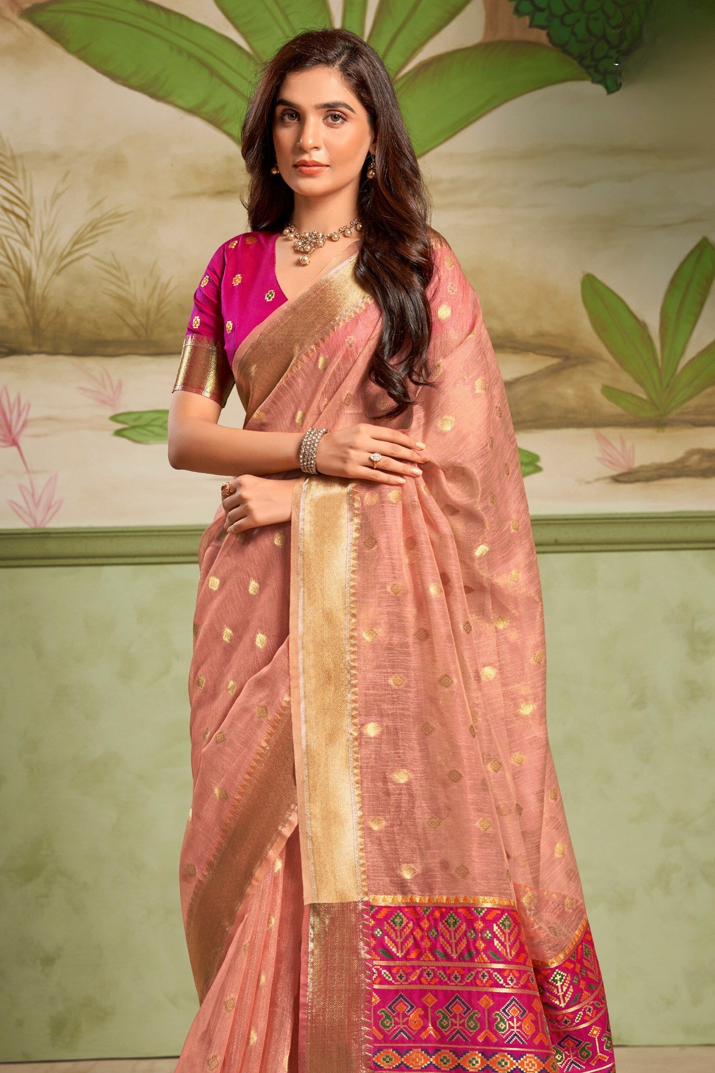 Wax Flower Peach Banarasi Tissue Silk Saree