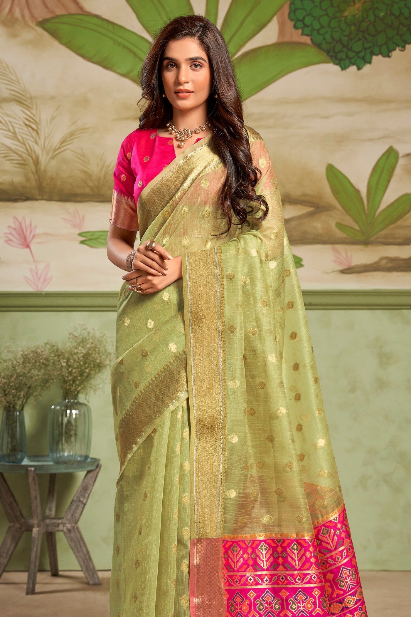 Wild Willow Green Banarasi Tissue Silk Saree