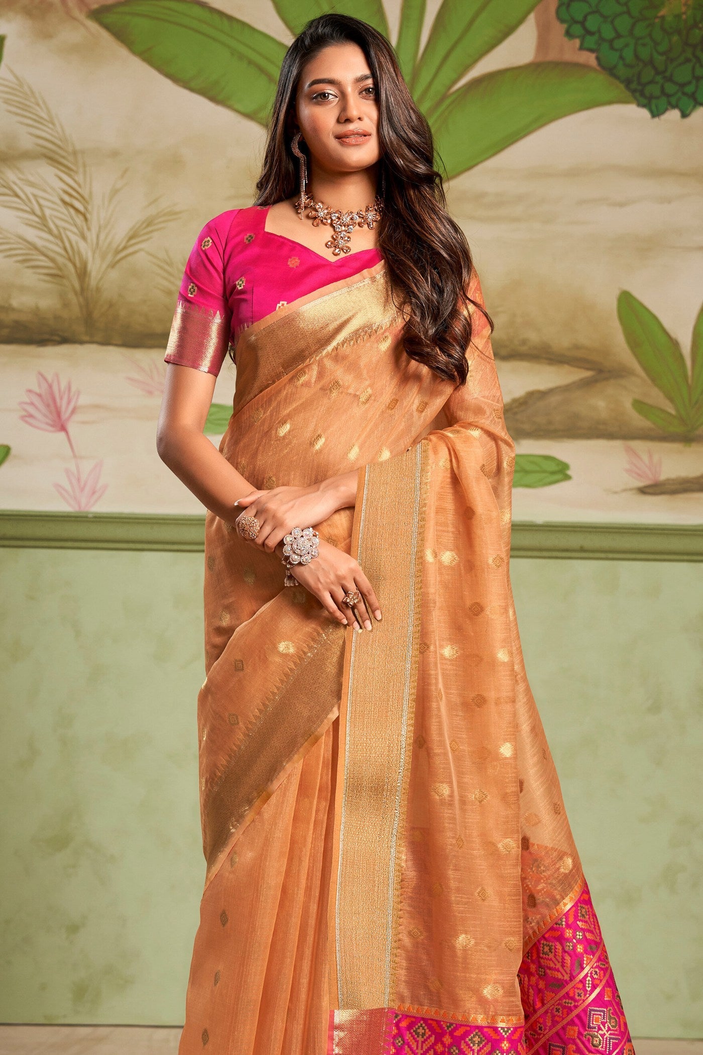 Damask Orange Banarasi Tissue Silk Saree