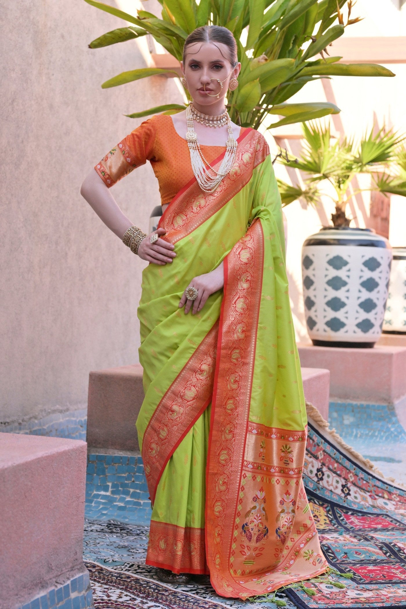 Slime Green Zari Woven Paithani Saree