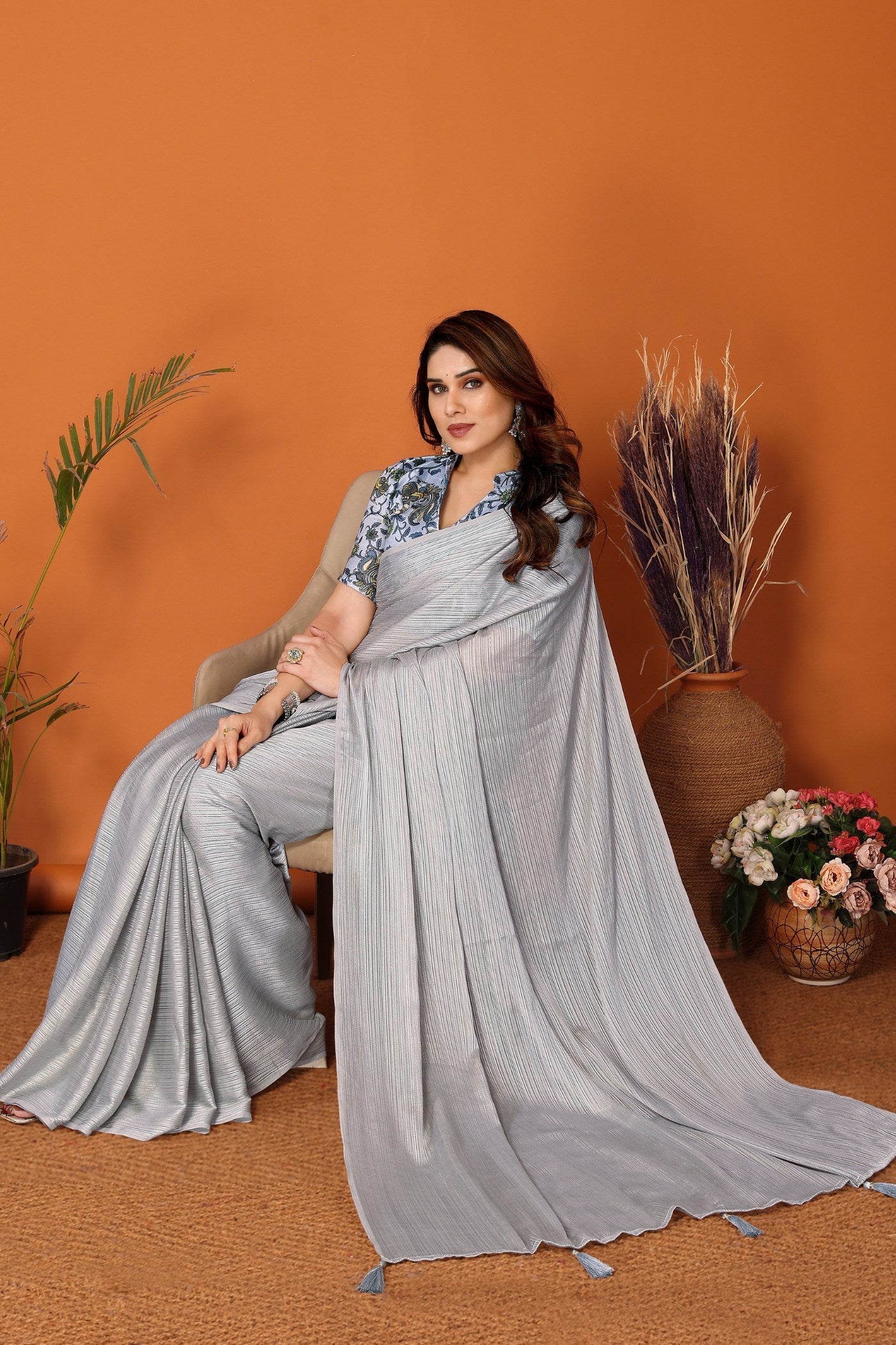 Silver Grey Solid Plain Saree