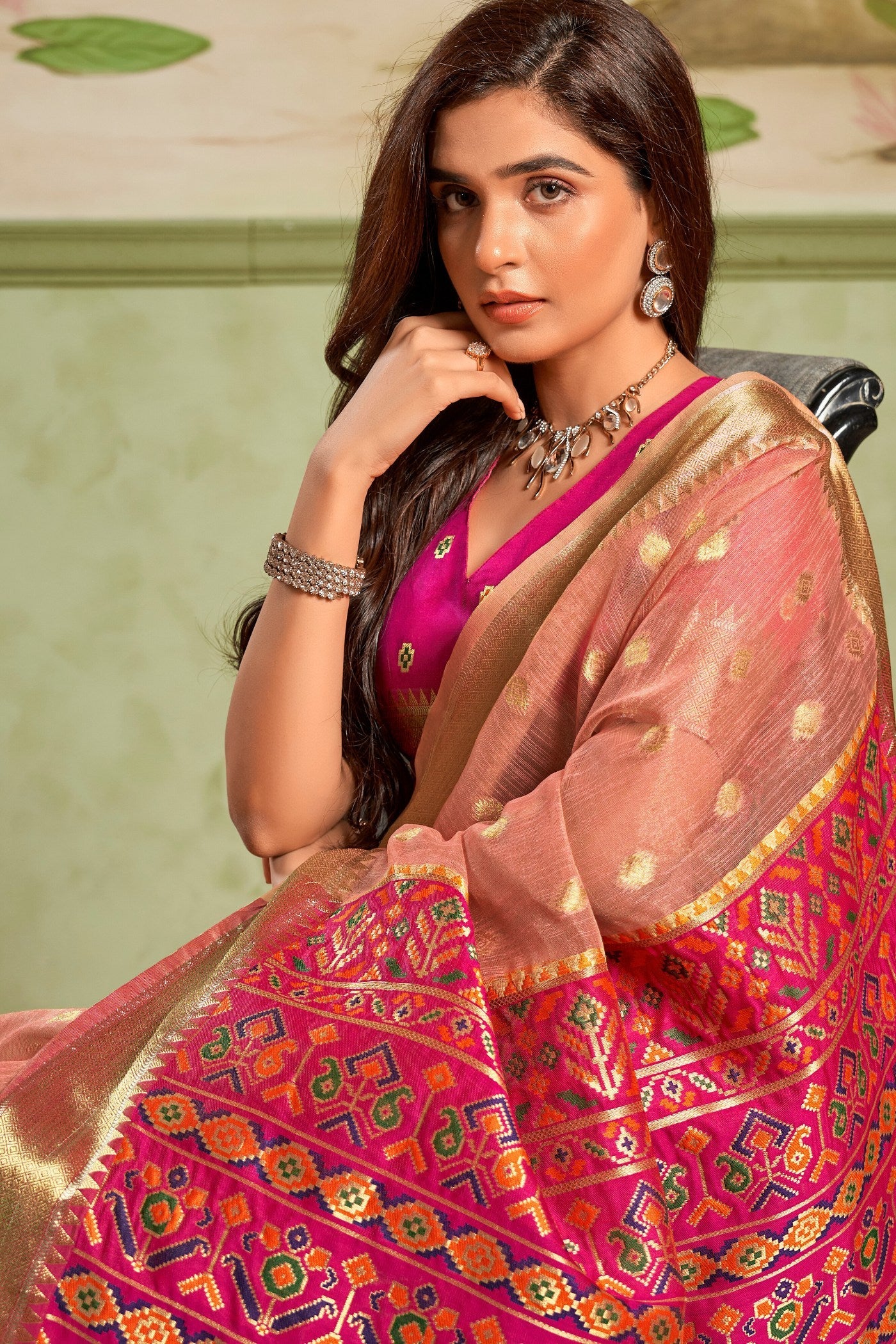 Wax Flower Peach Banarasi Tissue Silk Saree