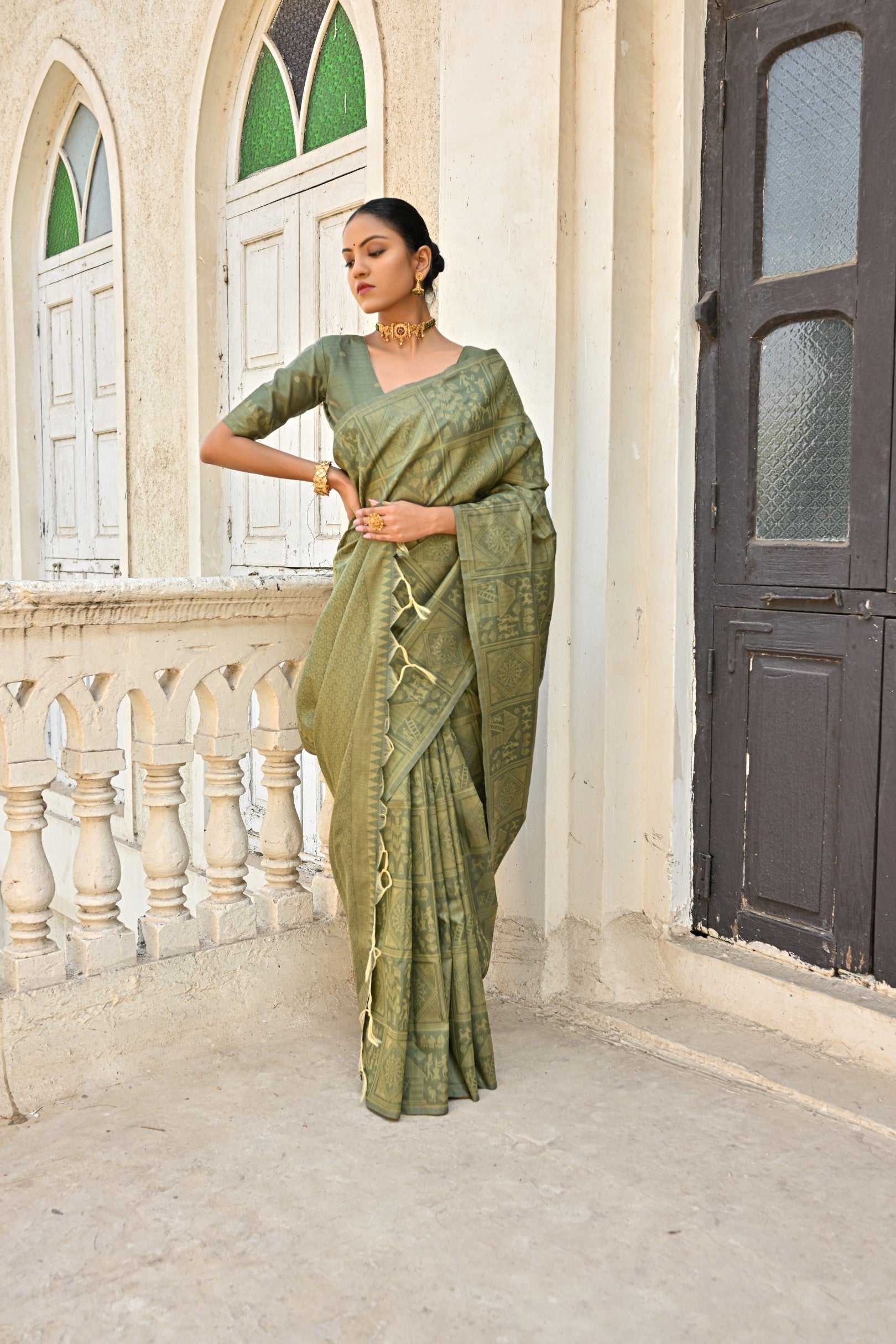 Clay Creek Green Woven Kalamkari Raw Silk Saree