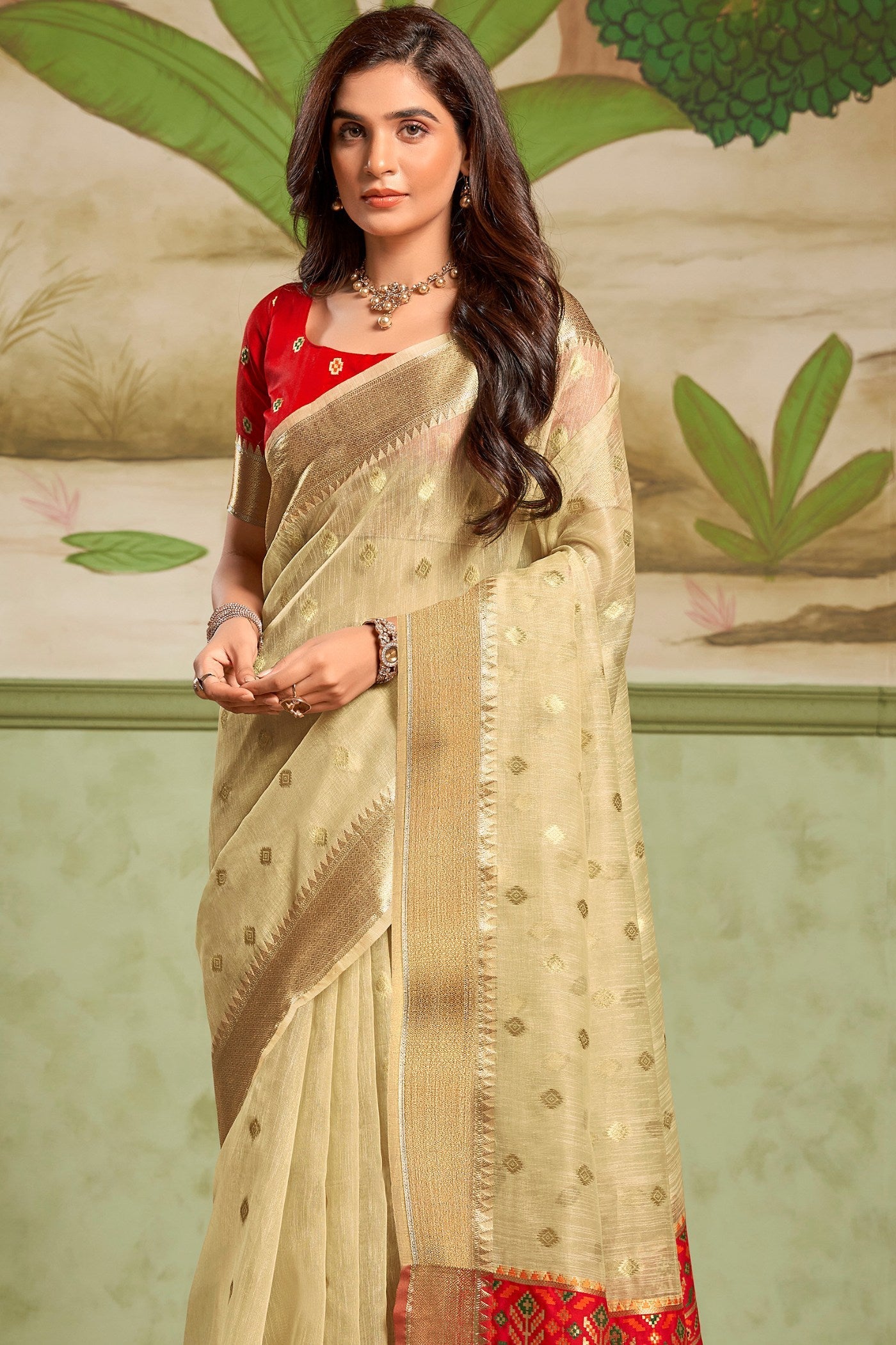 Tumbleweed Cream Banarasi Tissue Silk Saree