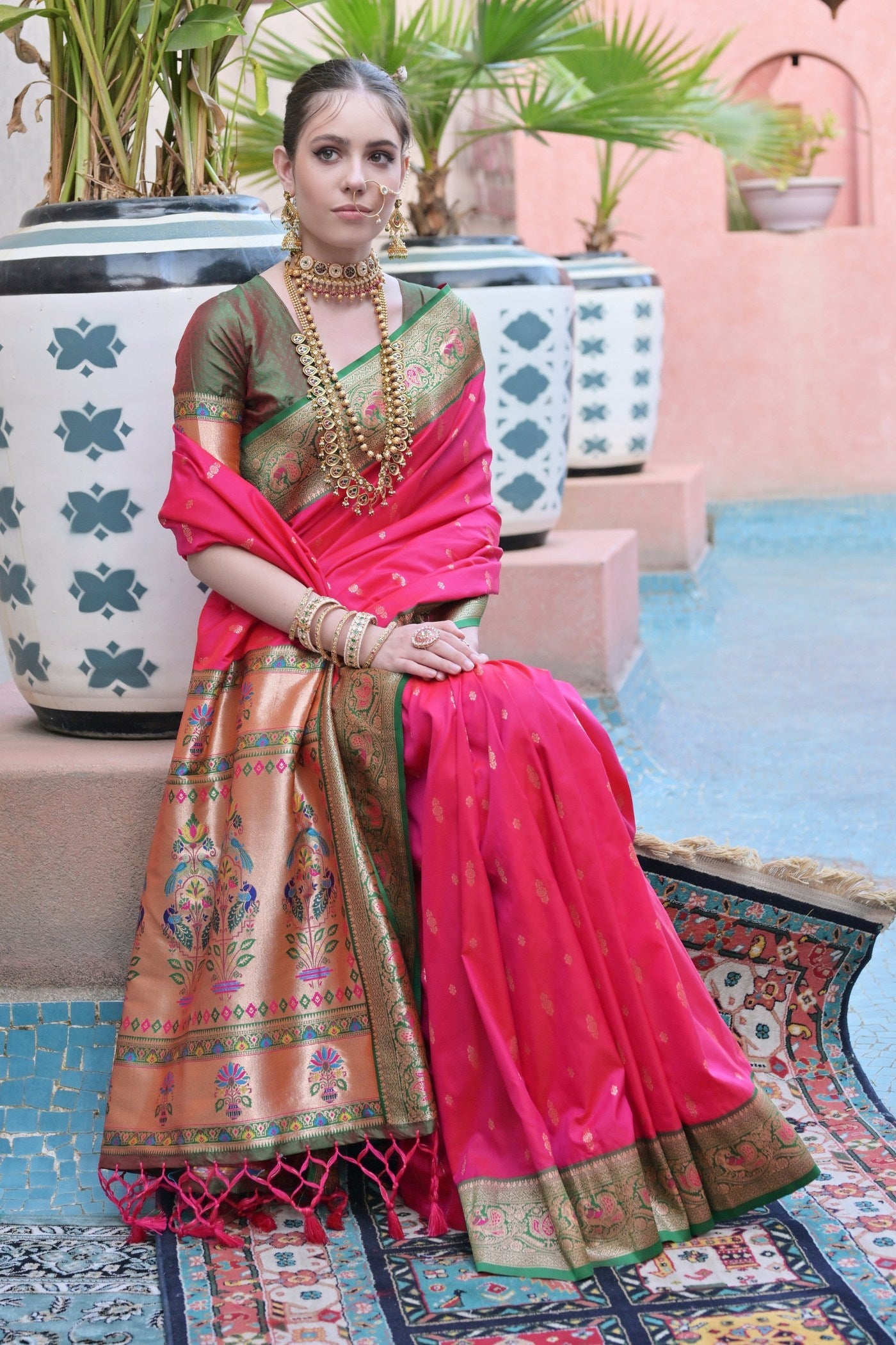 Shocking Pink Zari Woven Paithani Saree