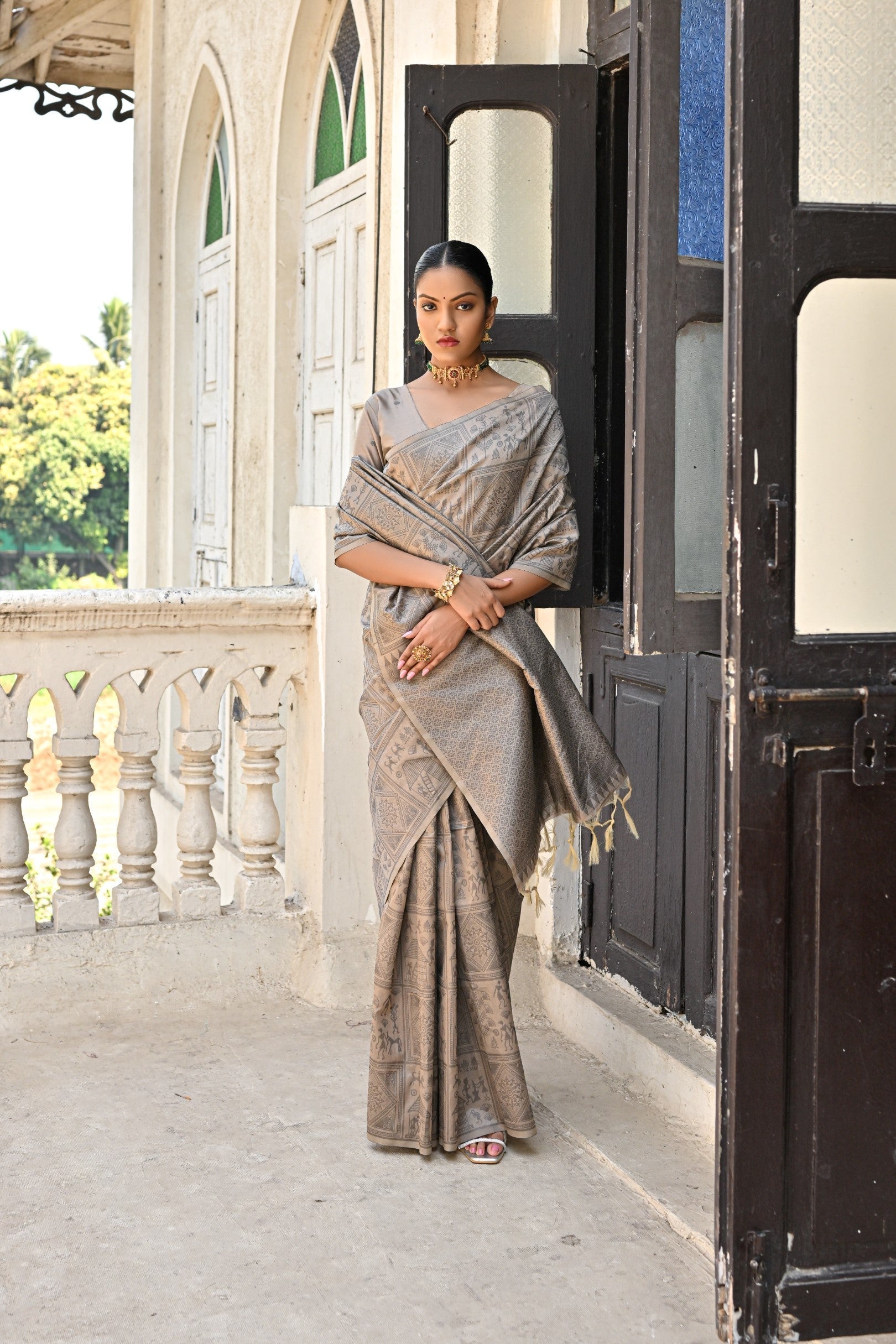 Zorba Grey Woven Kalamkari Raw Silk Saree