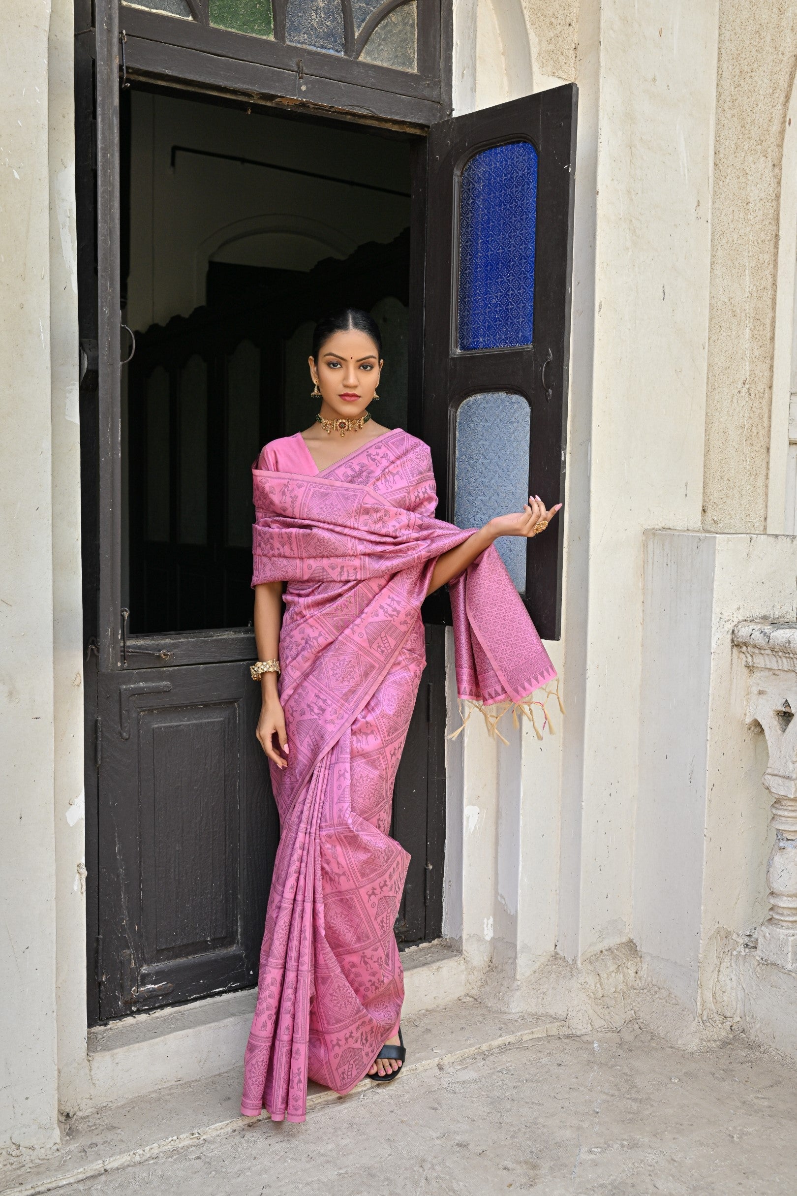 Shimmering Blush Pink Woven Kalamkari Raw Silk Saree