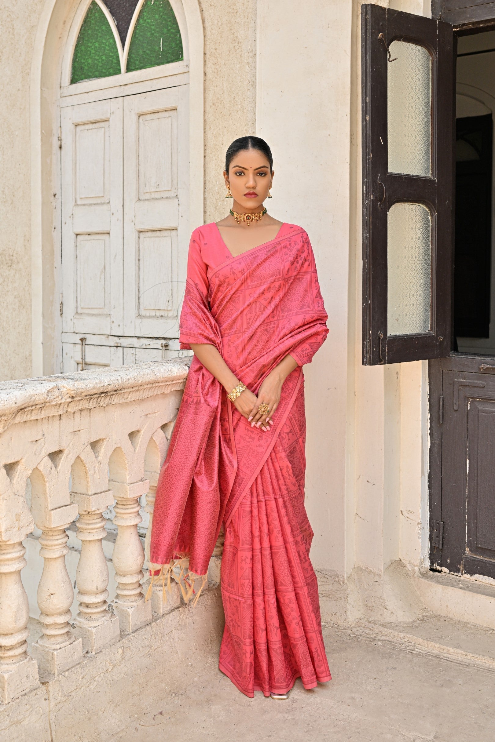 Froly Pink Woven Kalamkari Raw Silk Saree