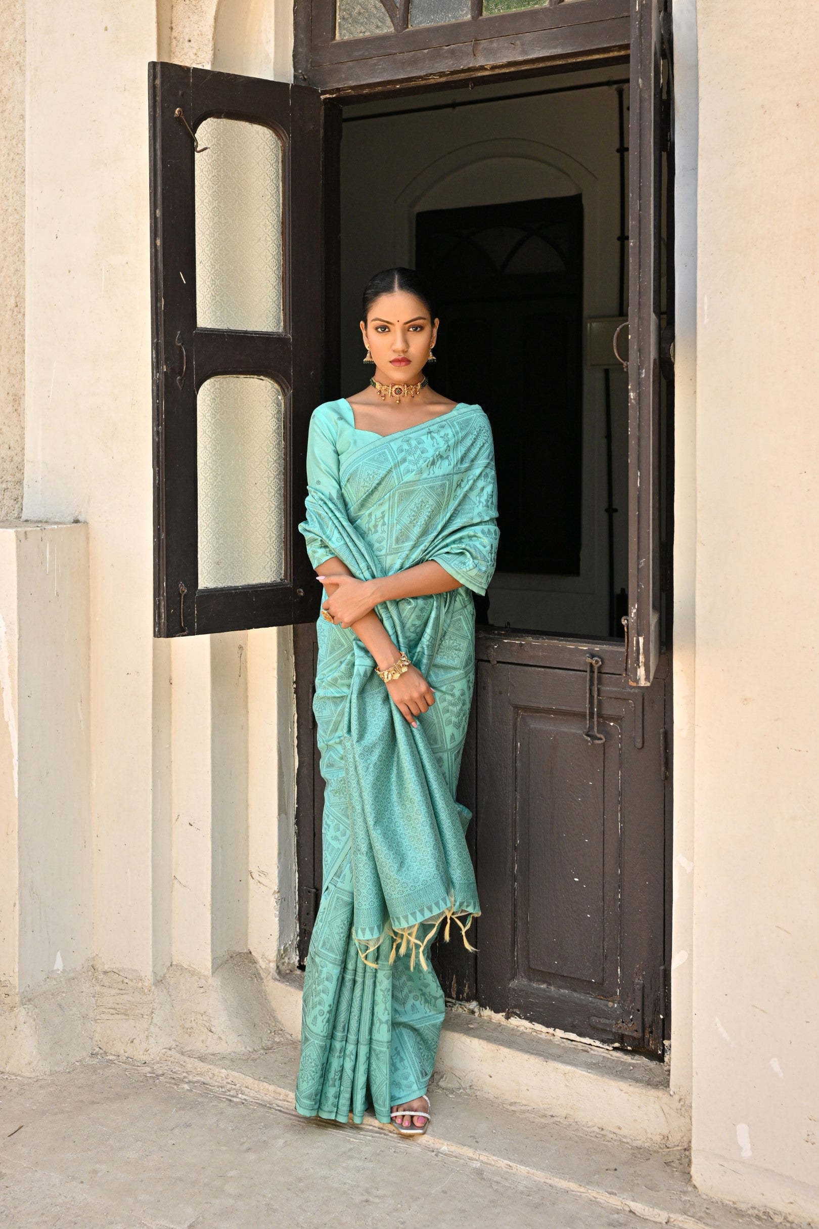 Neptune Blue Woven Kalamkari Raw Silk Saree