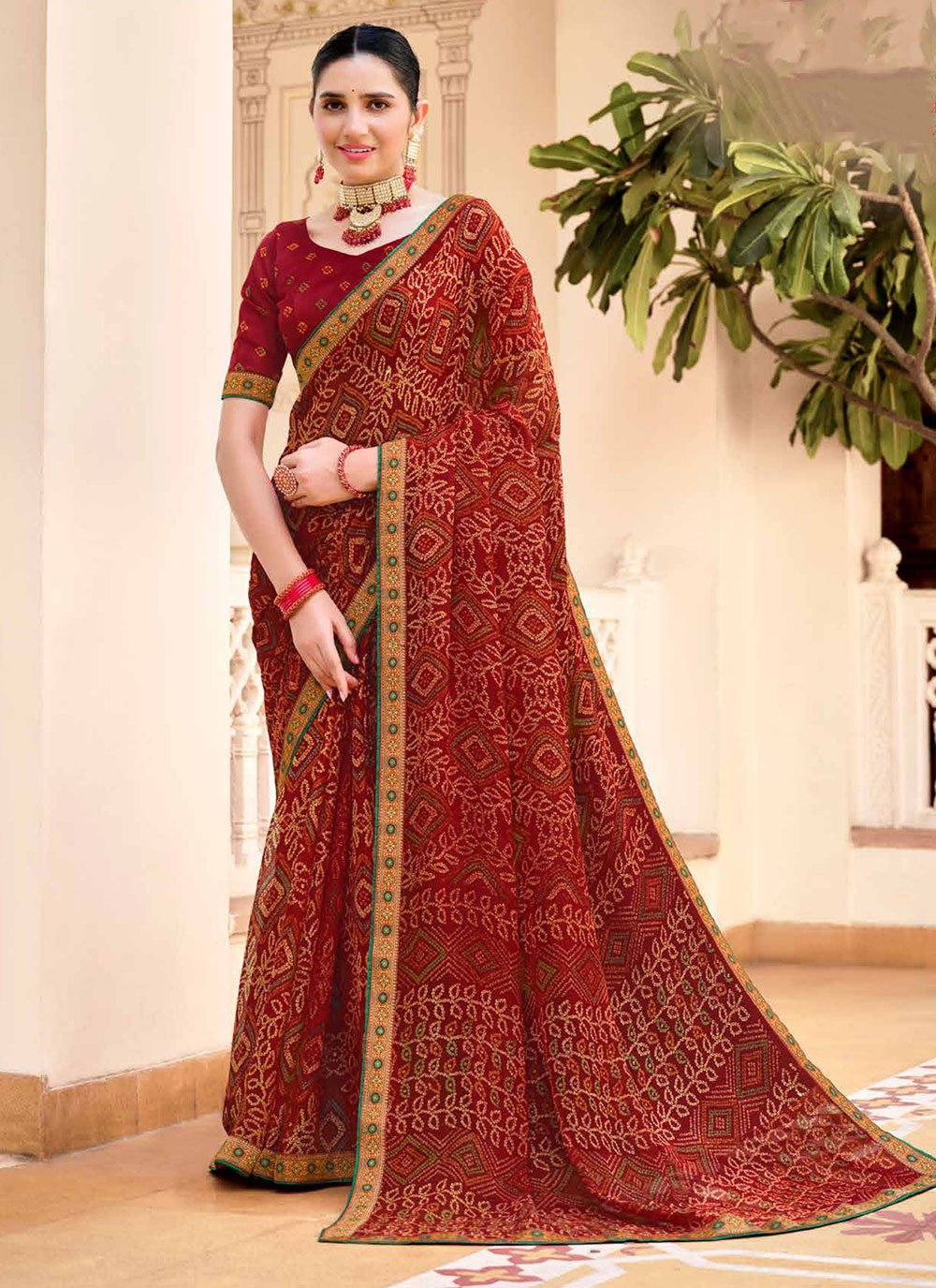 Apple Blossom Brown Chiffon Bandhani Saree