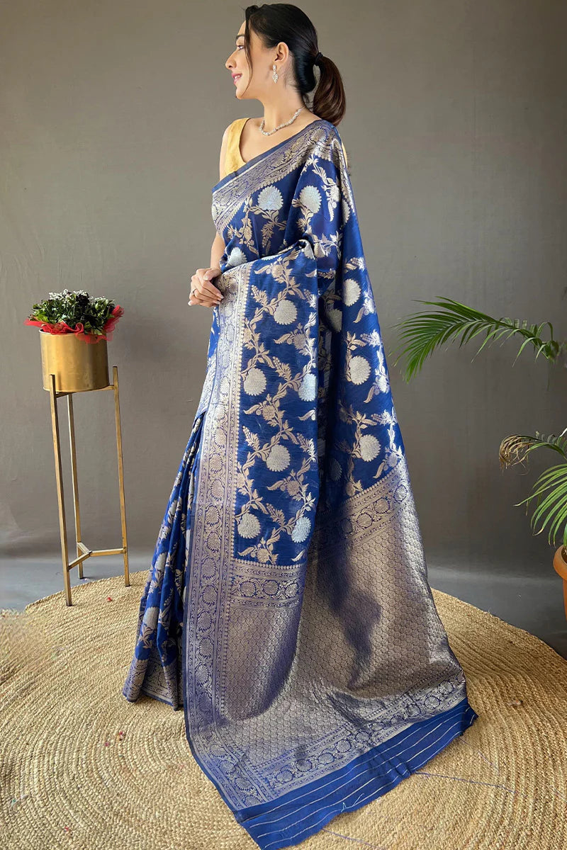 Marine Blue Color Zari Woven Linen Traditional Saree