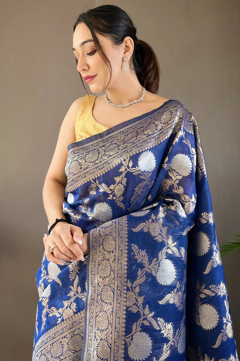 Marine Blue Color Zari Woven Linen Traditional Saree