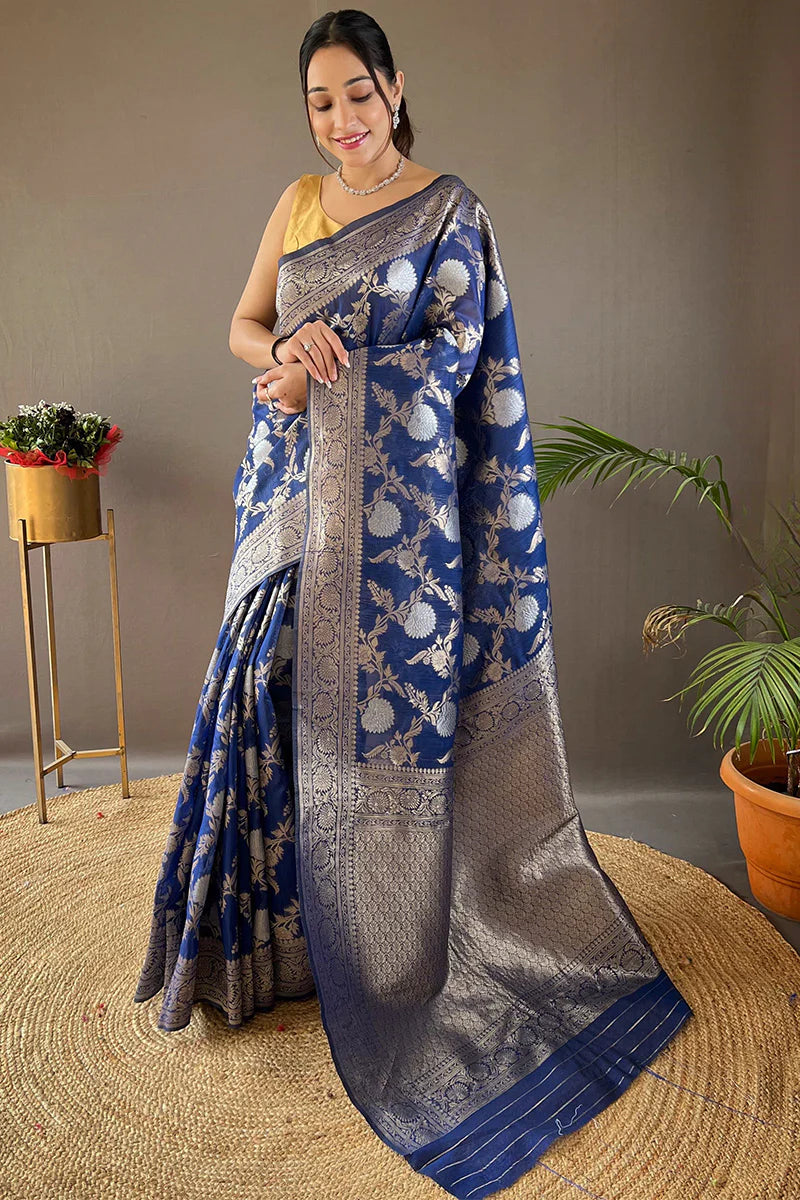 Marine Blue Color Zari Woven Linen Traditional Saree