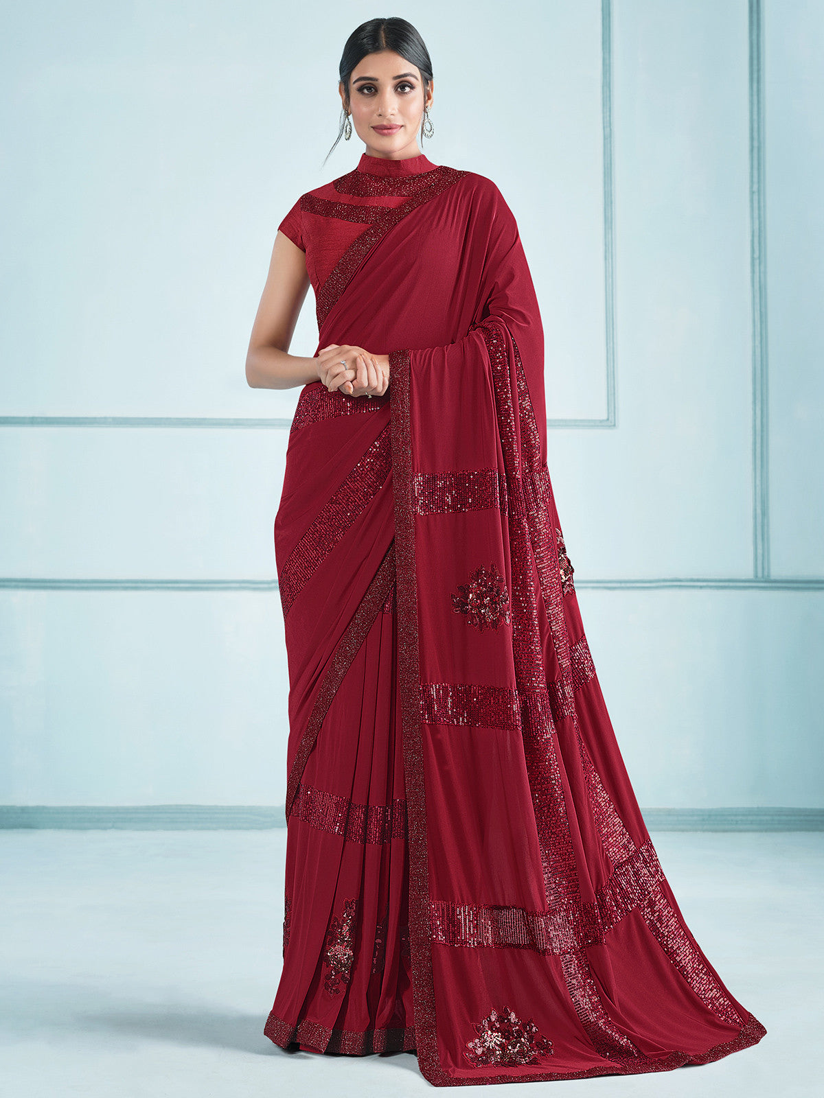 Night Shadz Maroon Embroidery Designer Georgette Partywear Saree