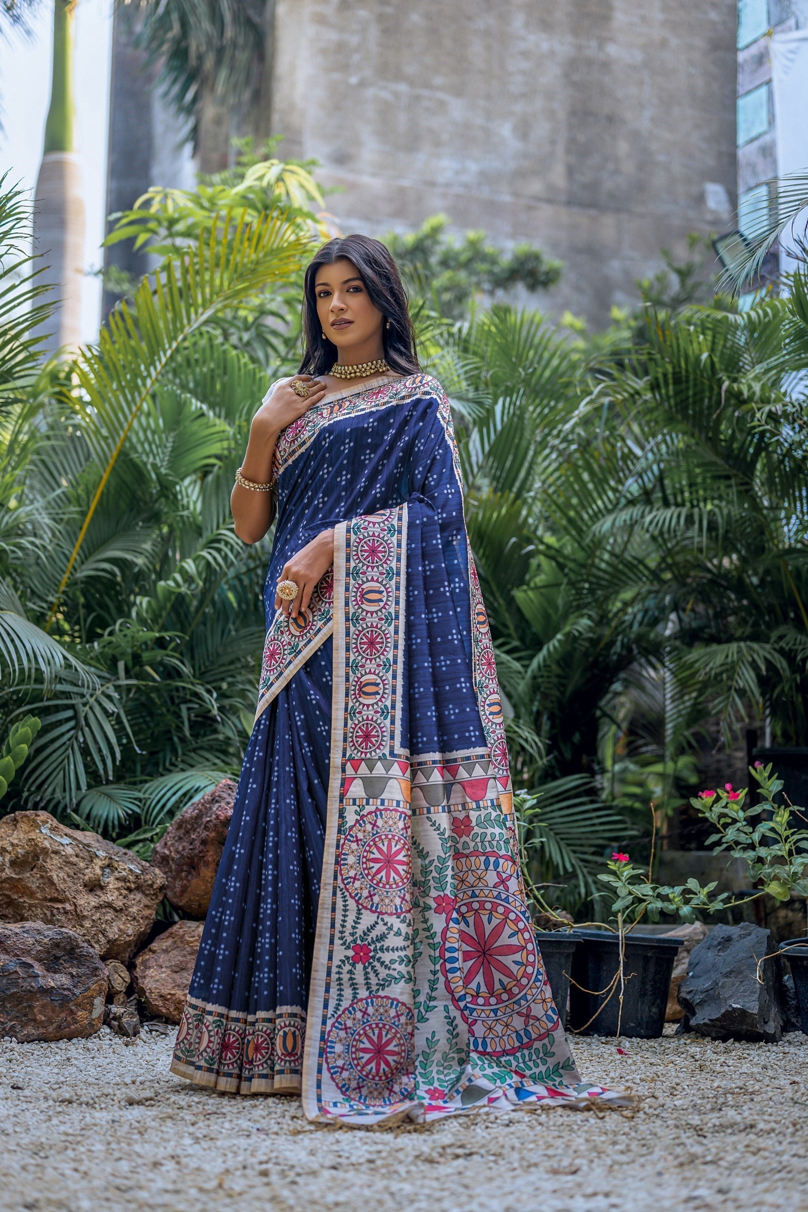 Astronaut Blue Madhubani Tussar Printed Silk Saree