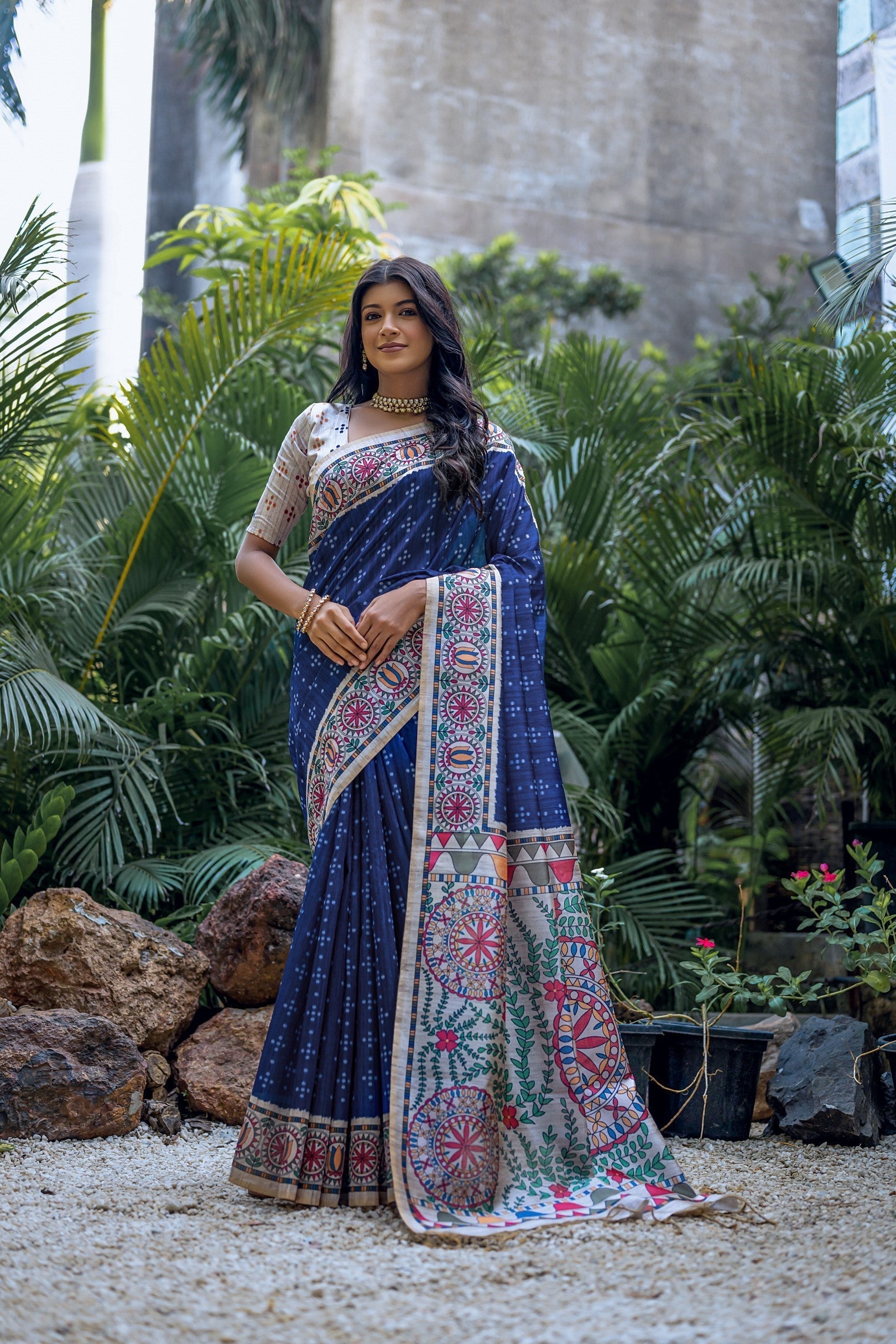 Astronaut Blue Madhubani Tussar Printed Silk Saree