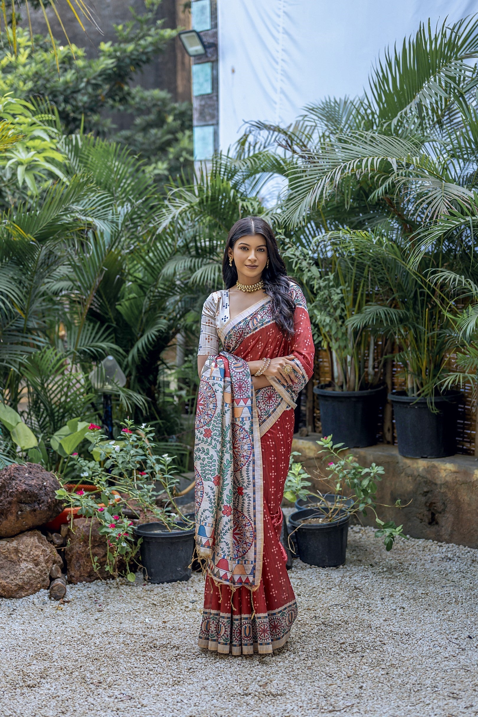 El Salva Maroon Madhubani Tussar Printed Silk Saree