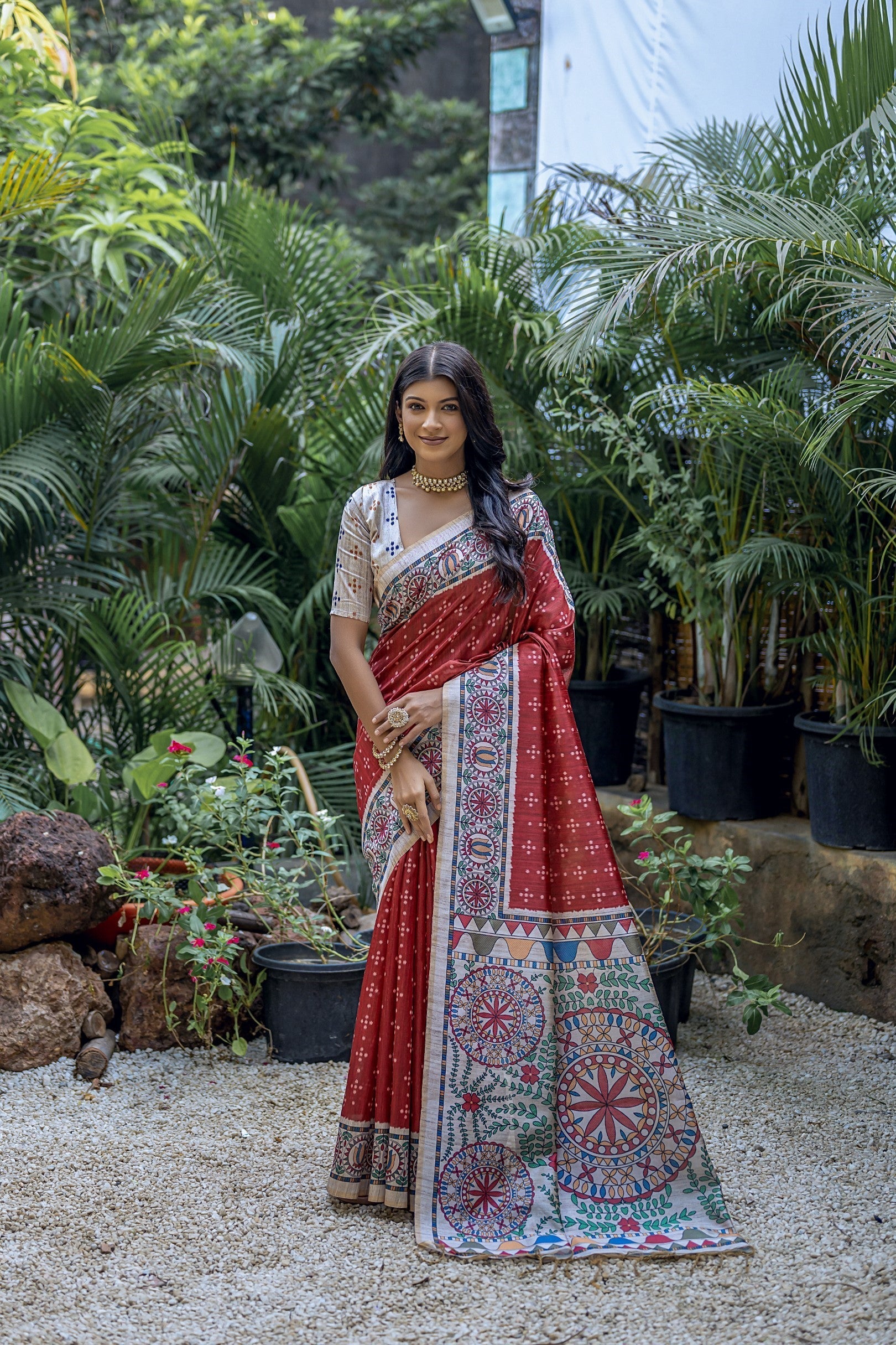 El Salva Maroon Madhubani Tussar Printed Silk Saree