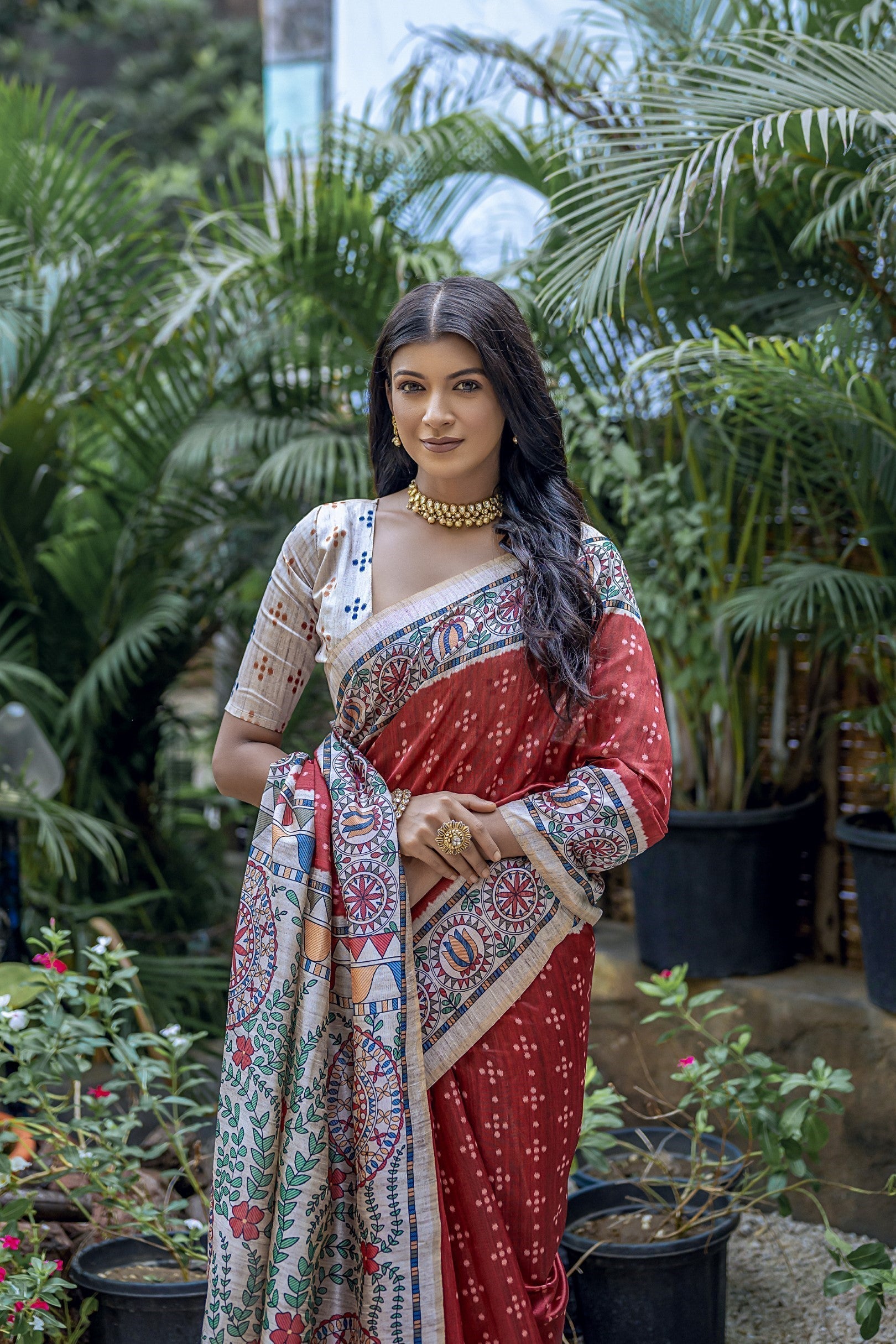 El Salva Maroon Madhubani Tussar Printed Silk Saree