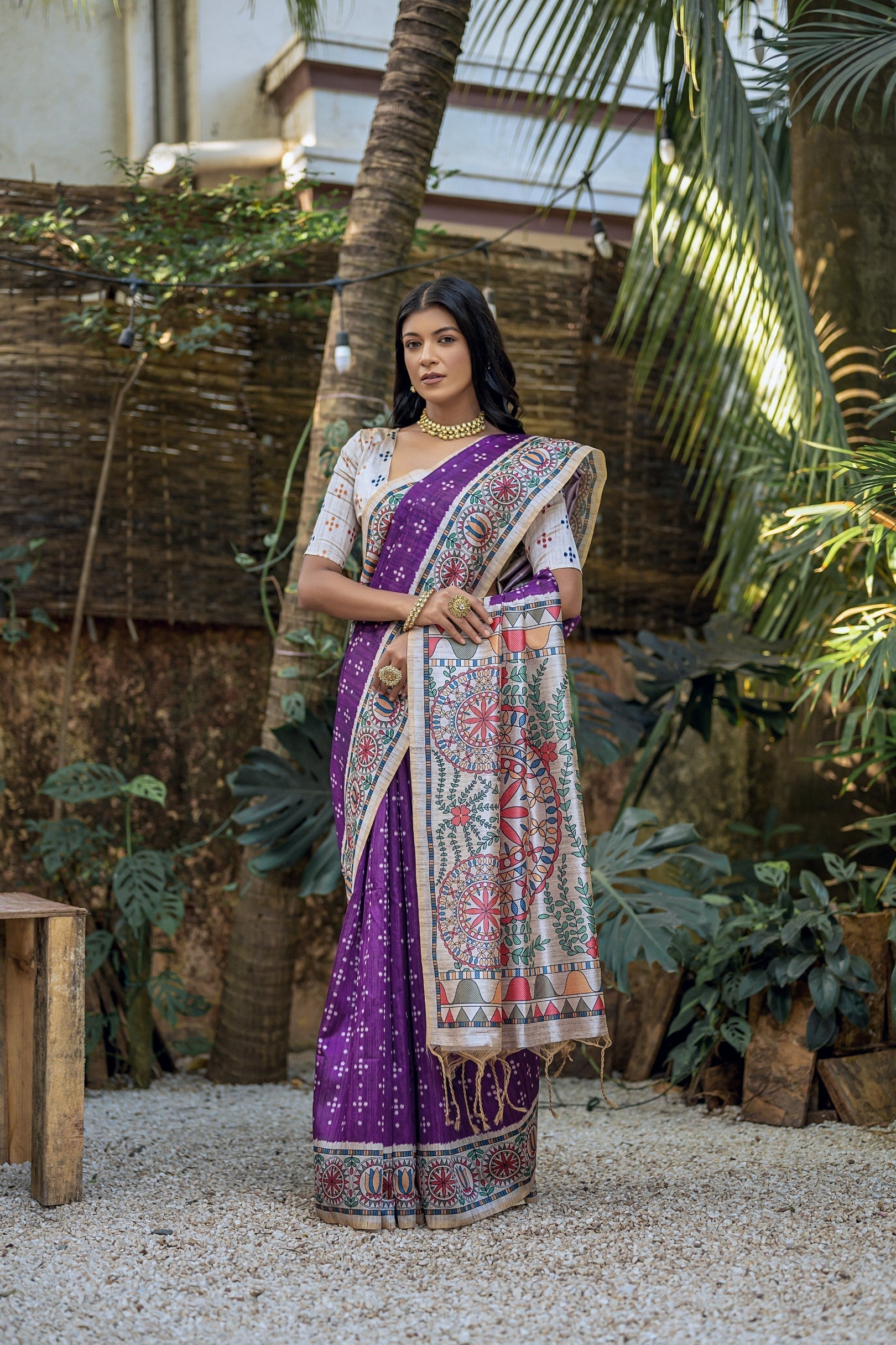 Vivid Violet Purple Madhubani Tussar Printed Silk Saree