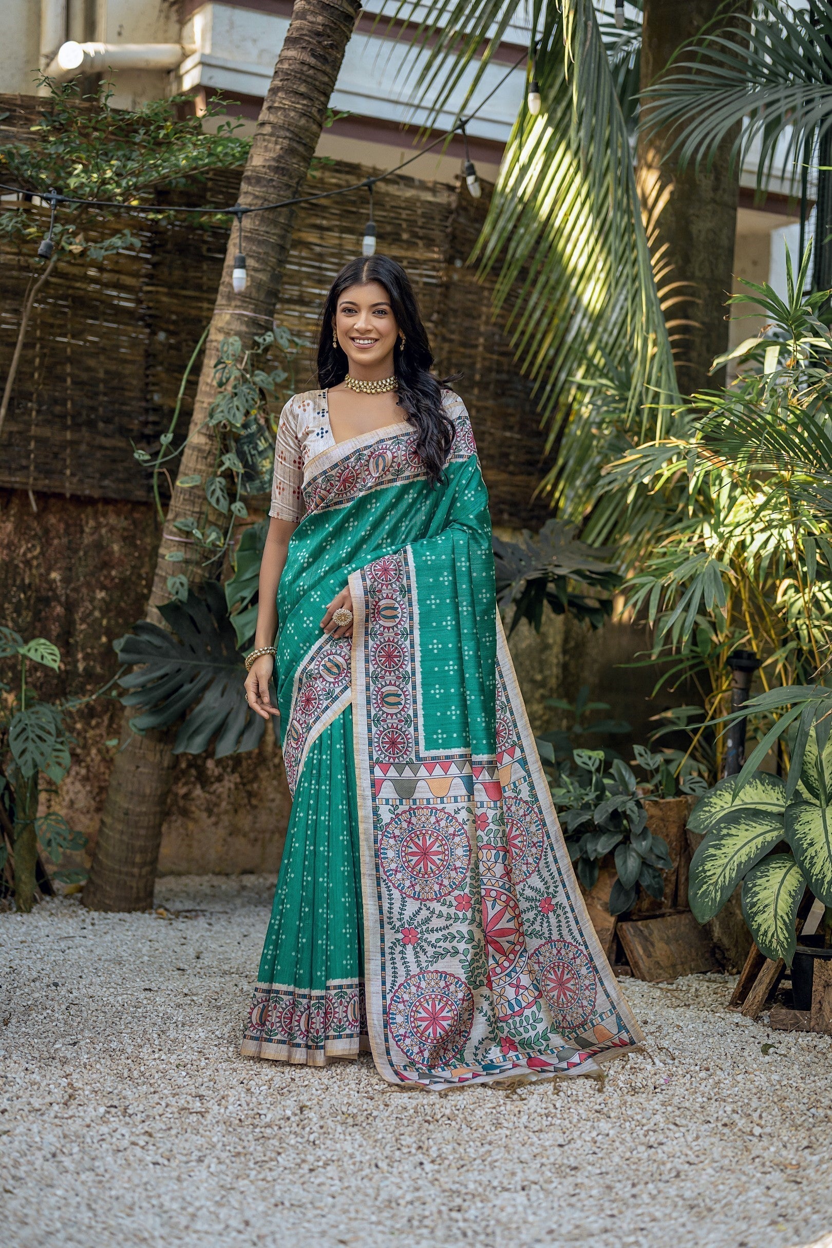 Deep Sea Green Madhubani Tussar Printed Silk Saree