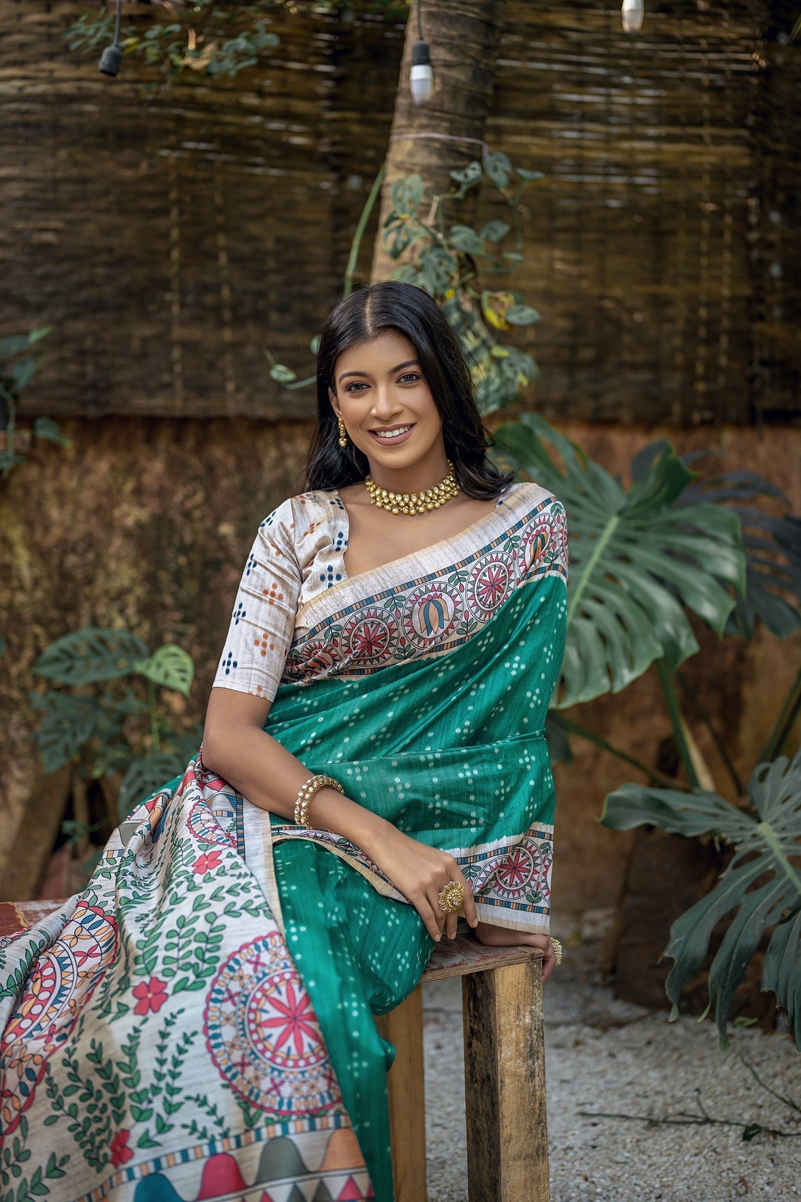 Deep Sea Green Madhubani Tussar Printed Silk Saree