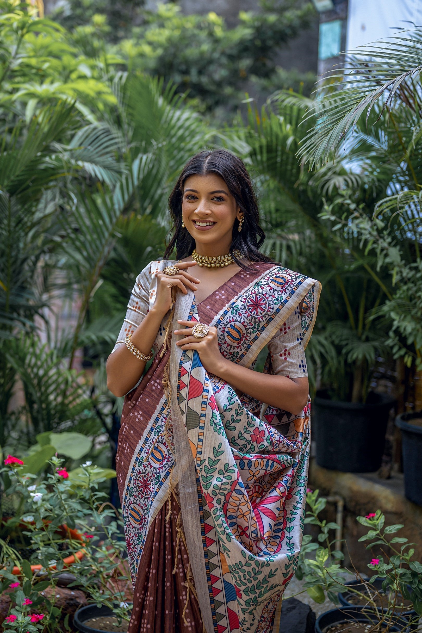 Ferra Brown Madhubani Tussar Printed Silk Saree