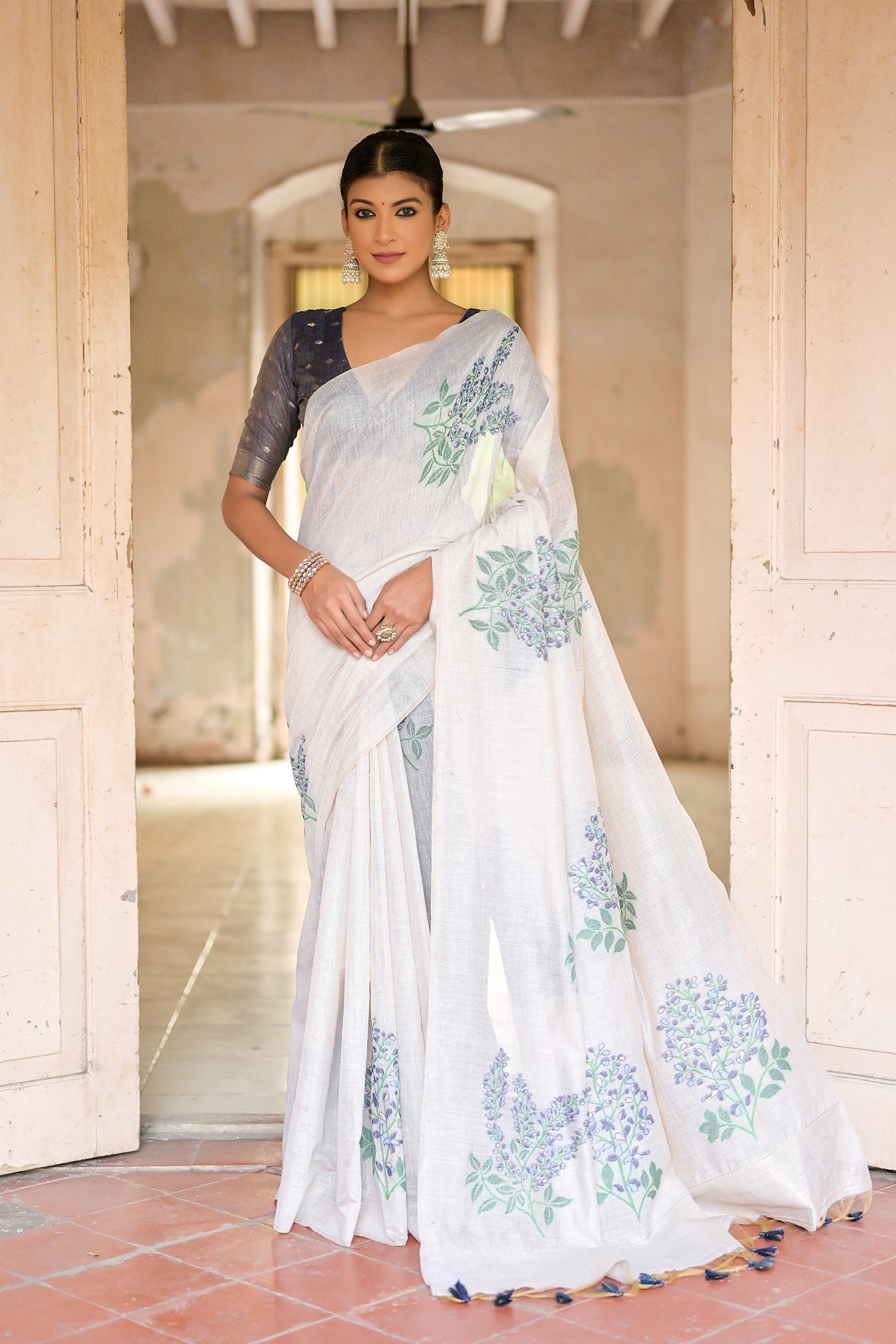 Pearl Bush White Muga Cotton Woven Saree