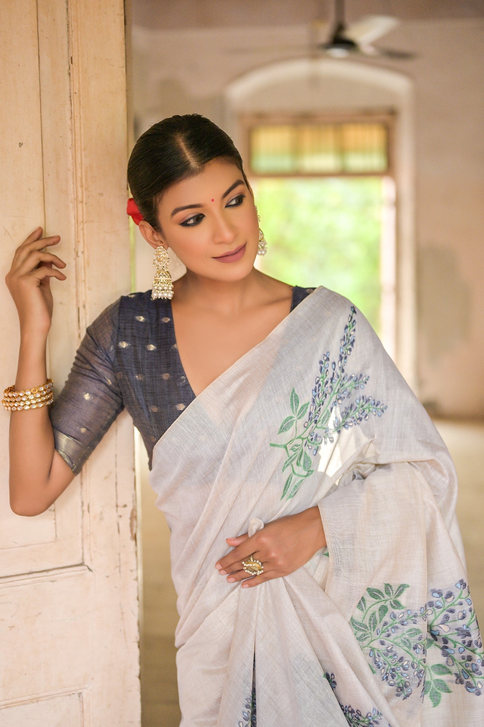 Pearl Bush White Muga Cotton Woven Saree