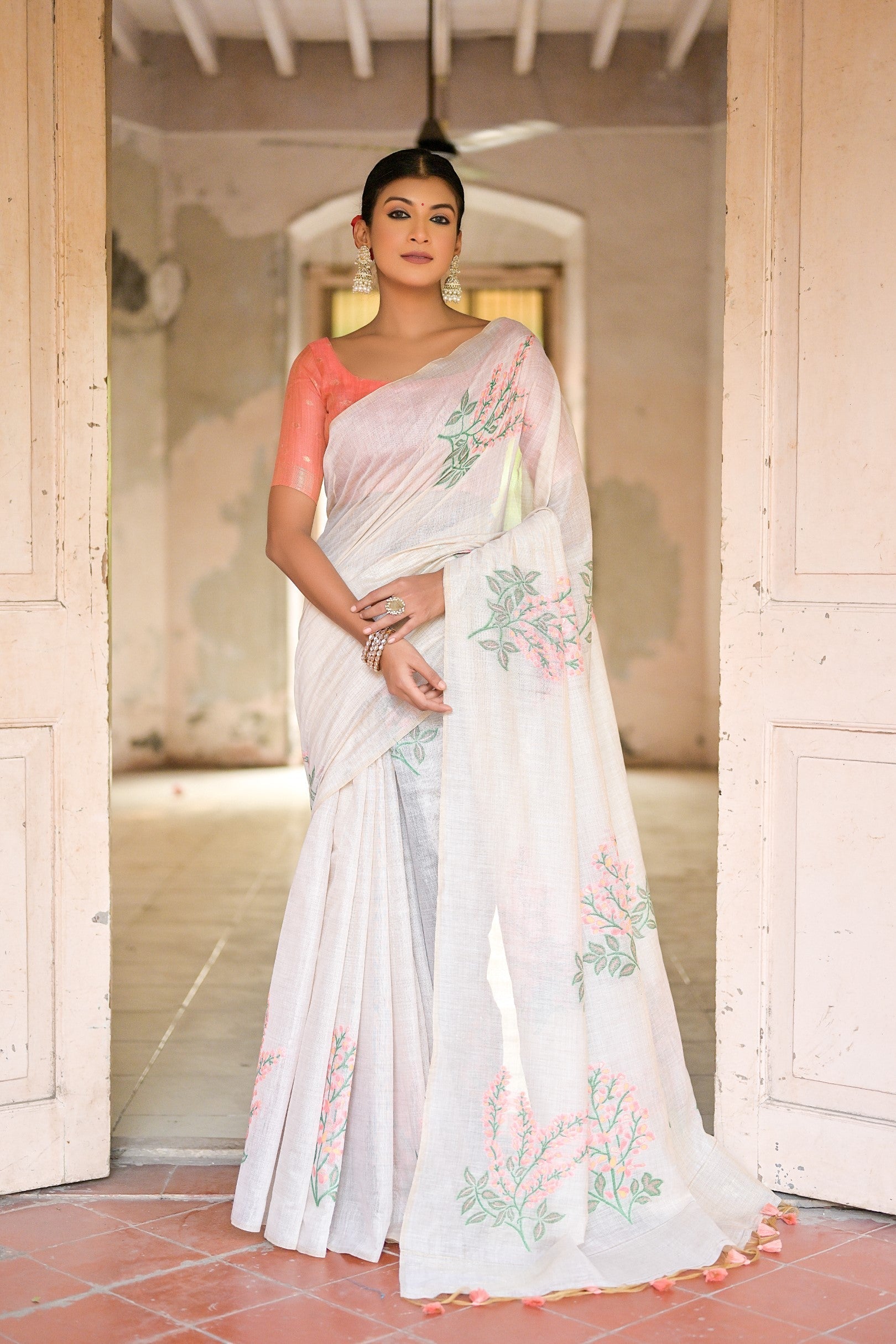 Merino White Muga Cotton Woven Saree