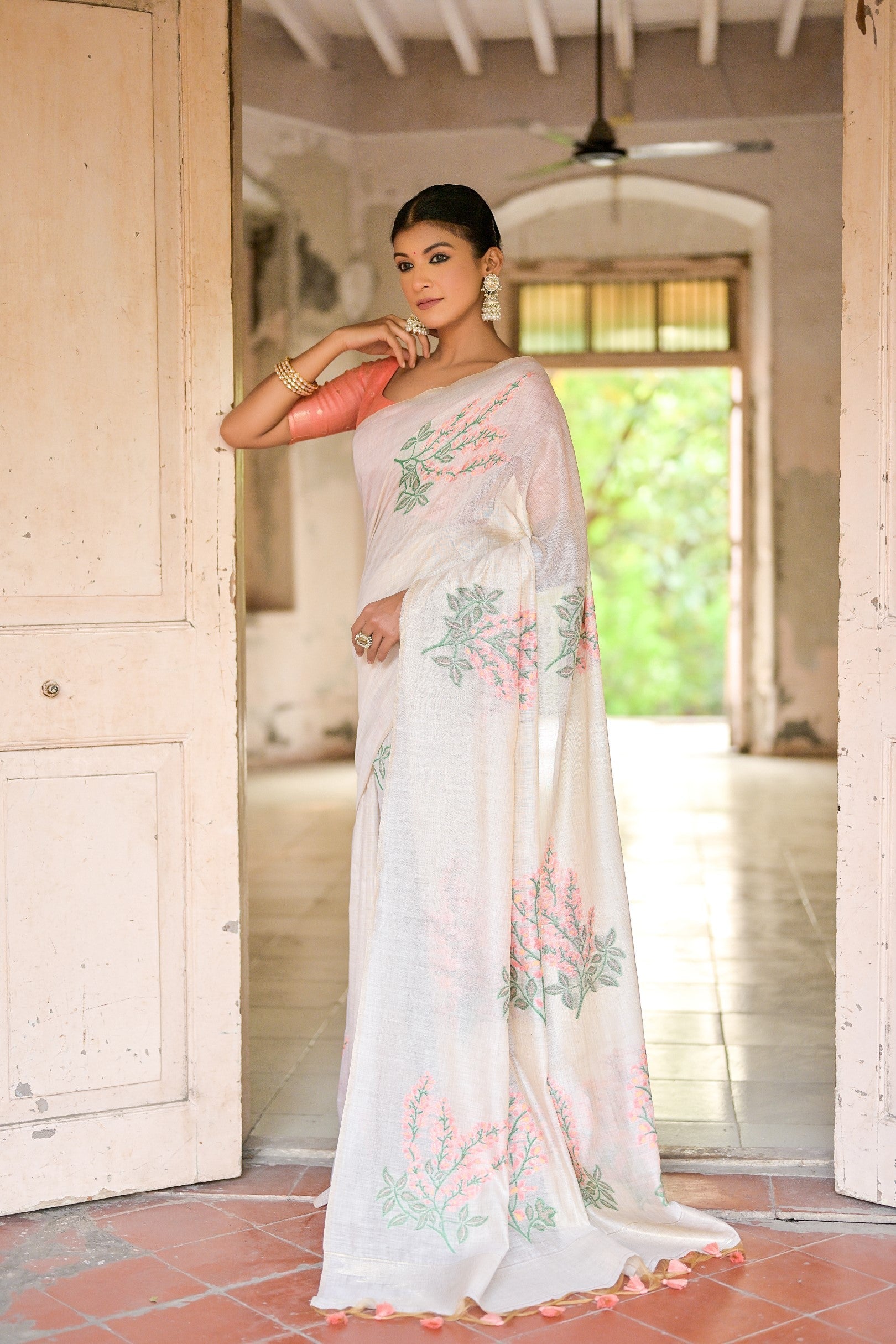 Merino White Muga Cotton Woven Saree