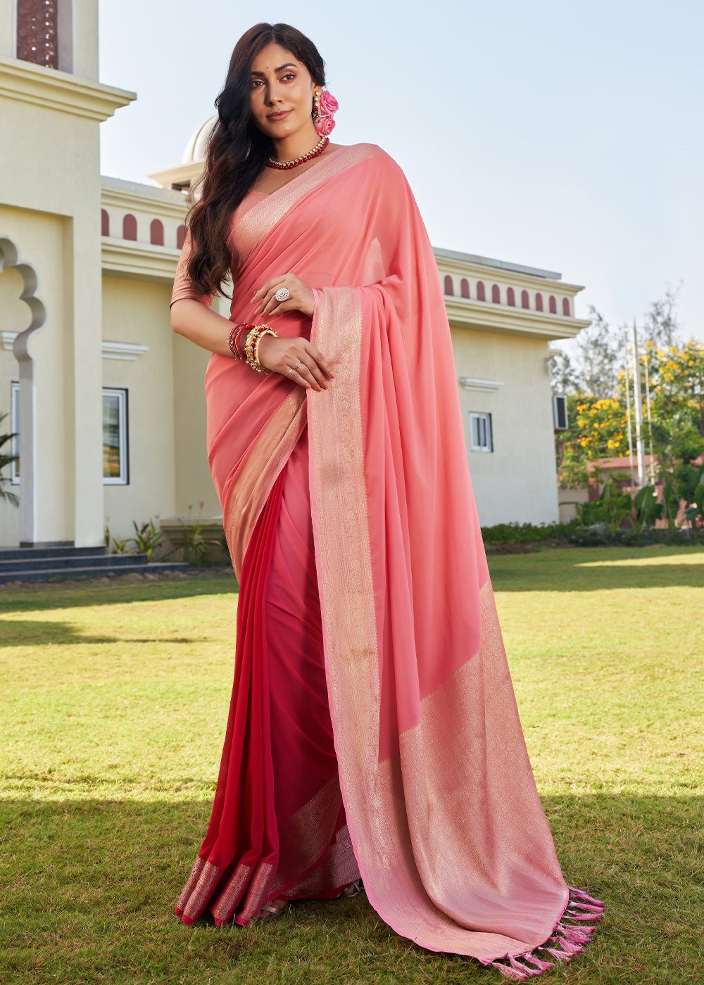 Froly Peach Woven Georgette saree