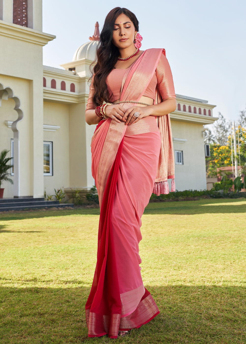 Froly Peach Woven Georgette saree