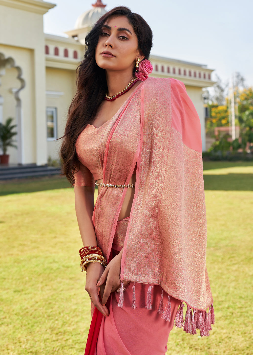 Froly Peach Woven Georgette saree