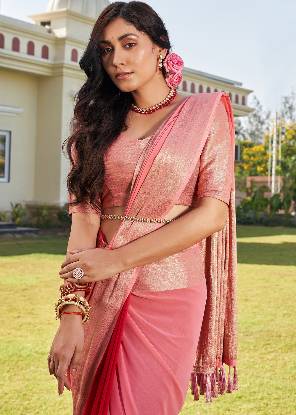 Froly Peach Woven Georgette saree