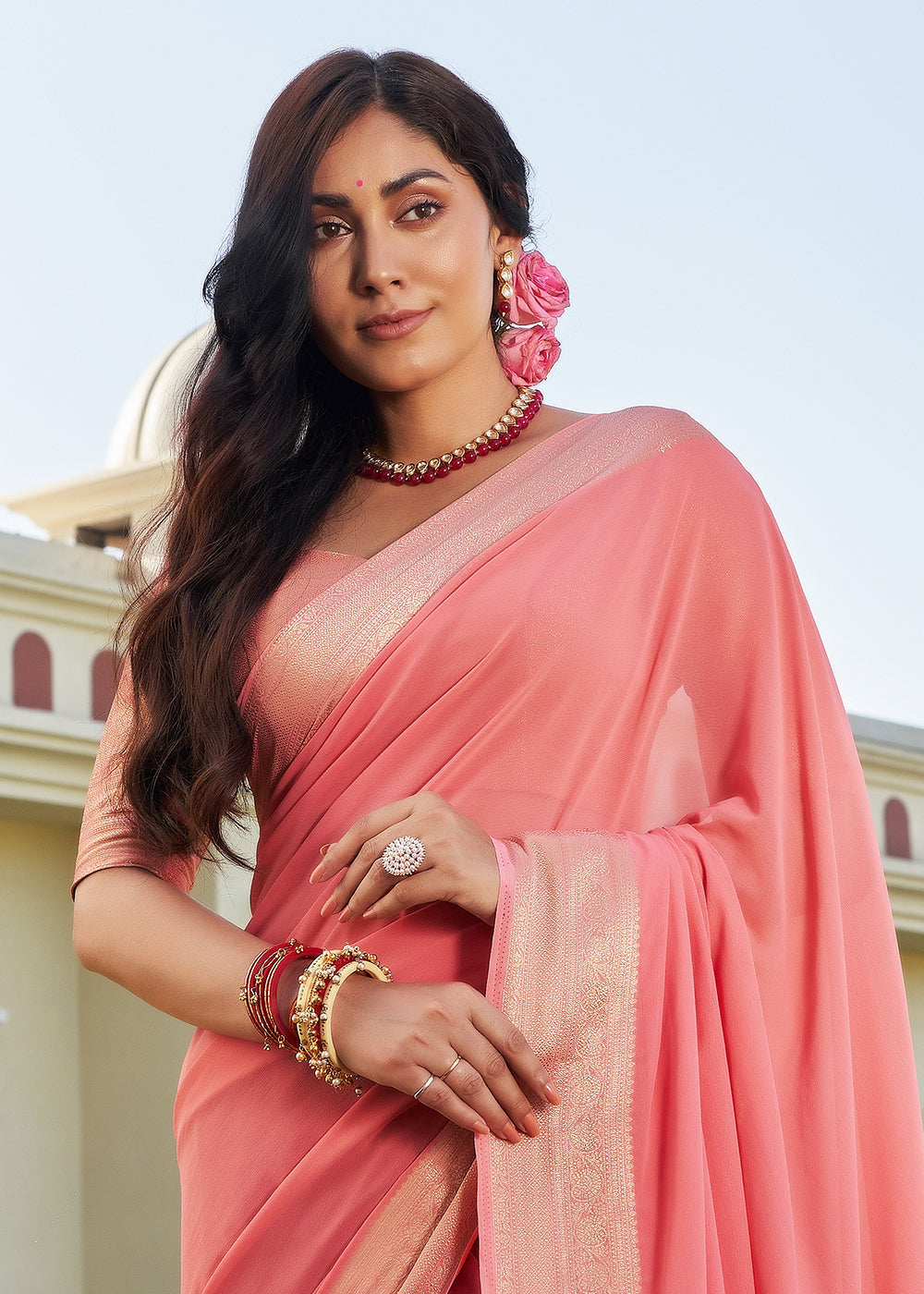 Froly Peach Woven Georgette saree