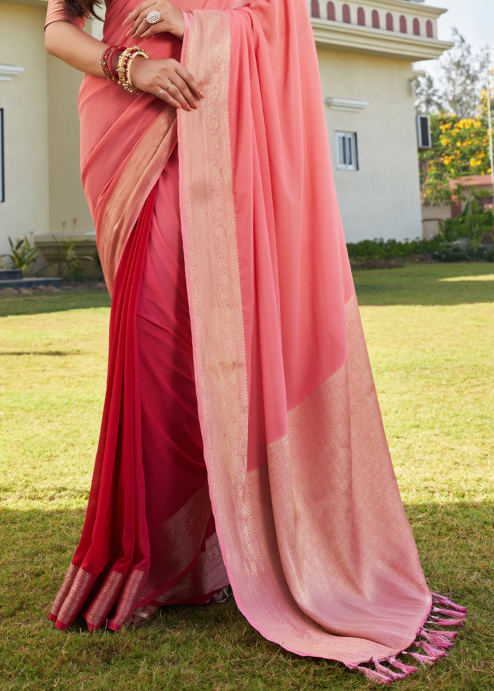 Froly Peach Woven Georgette saree