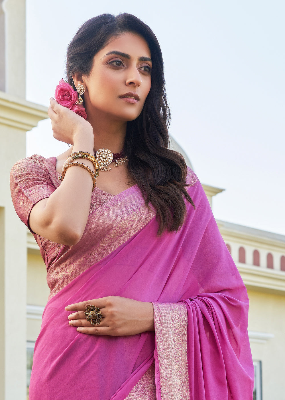 Hopbush Pink Woven Georgette saree