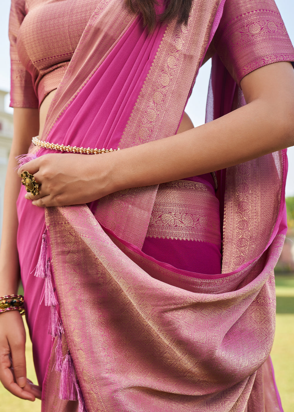 Hopbush Pink Woven Georgette saree