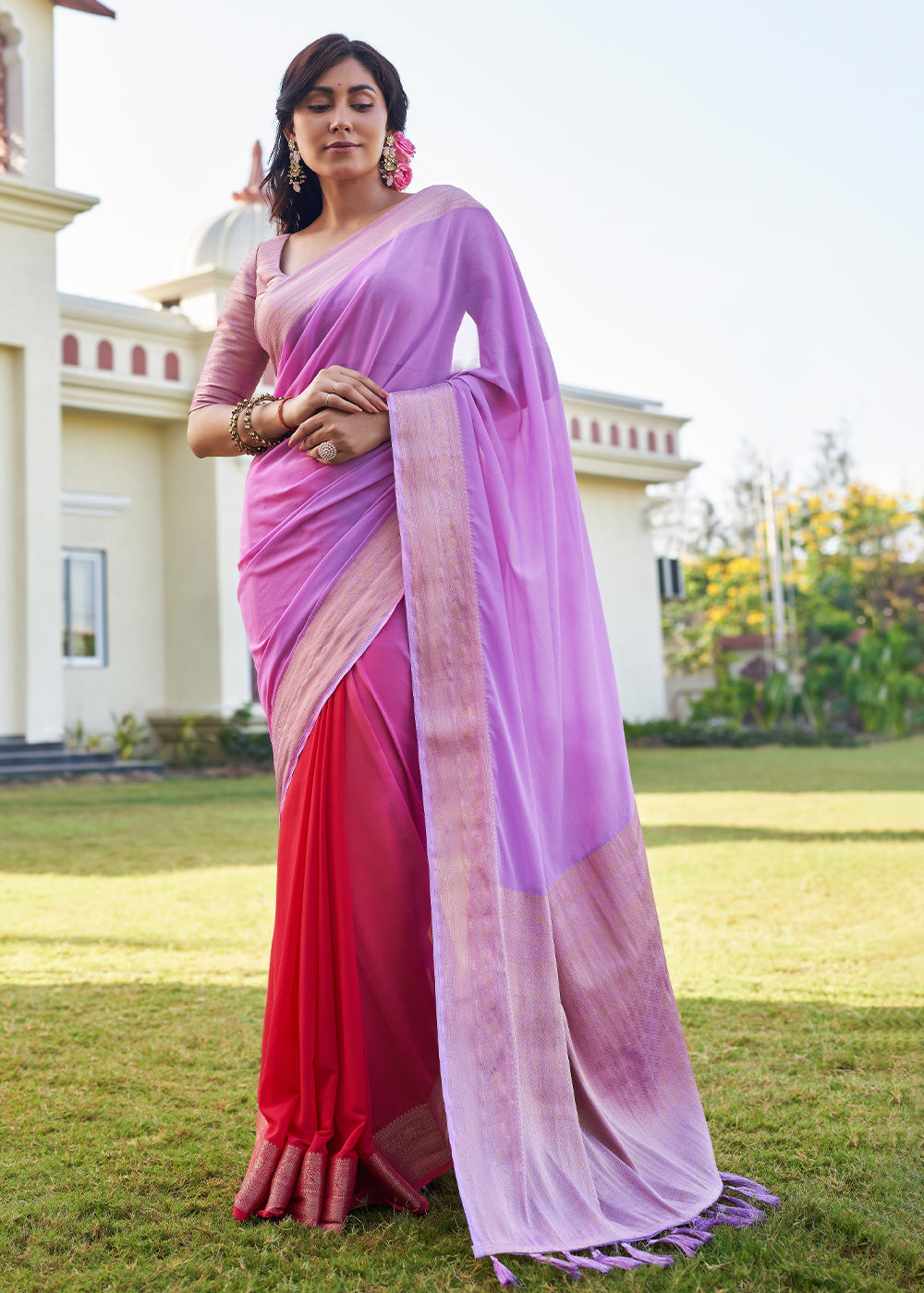 Lavender and Red Woven Georgette saree