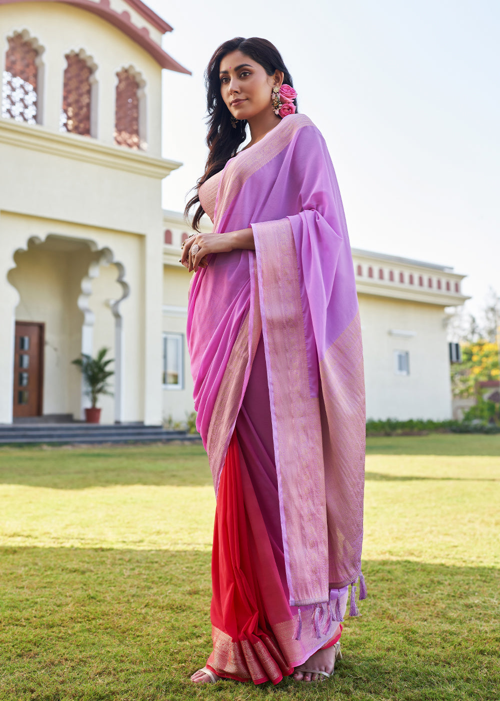 Lavender and Red Woven Georgette saree