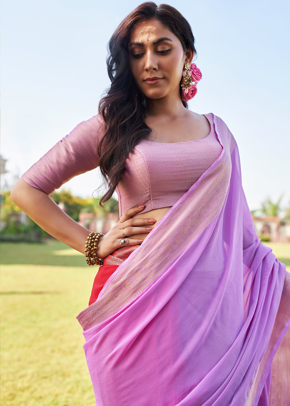 Lavender and Red Woven Georgette saree