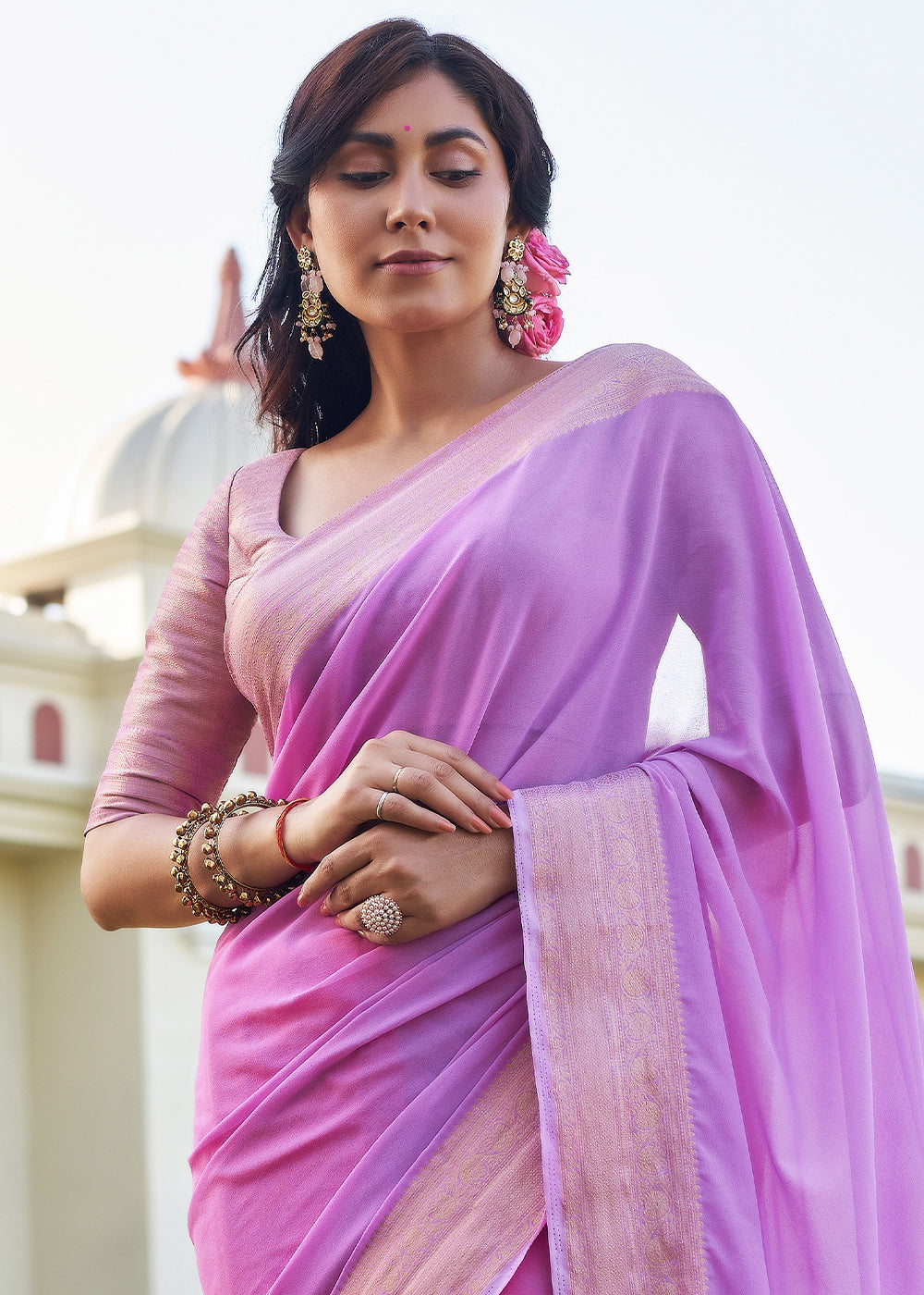 Lavender and Red Woven Georgette saree